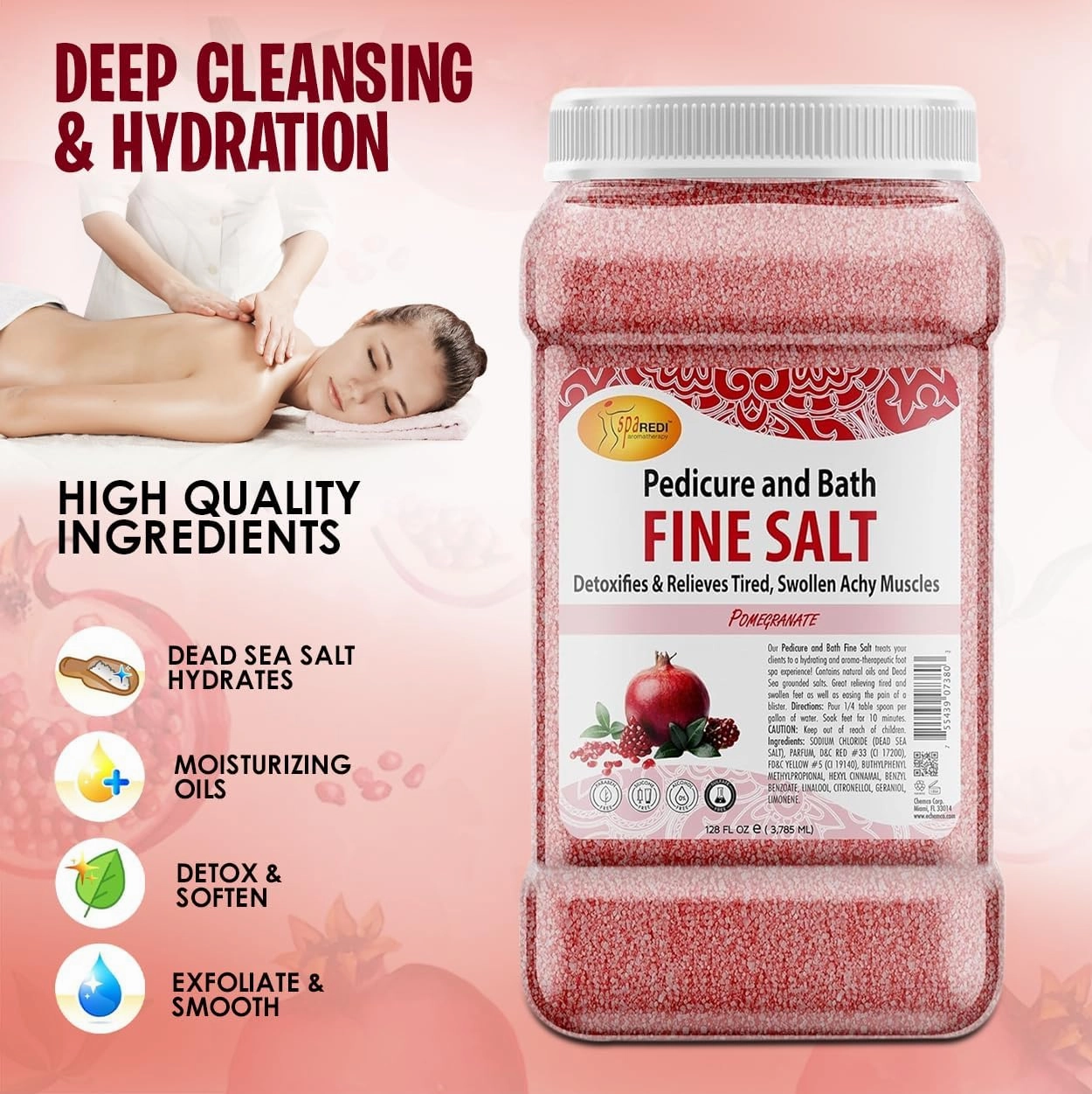 SPA REDI - Detox Foot Soak Pedicure and Bath Fine Salt, Pomegranate, 128 Oz - Made with Dead Sea Salts, Argan Oil, Coconut Oil, and Essential Oil - Hydrates, Softens and Moisturizes