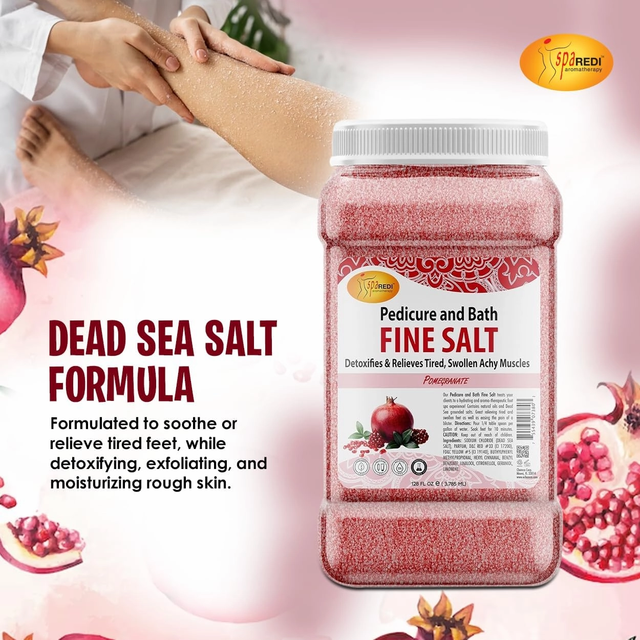 SPA REDI - Detox Foot Soak Pedicure and Bath Fine Salt, Pomegranate, 128 Oz - Made with Dead Sea Salts, Argan Oil, Coconut Oil, and Essential Oil - Hydrates, Softens and Moisturizes
