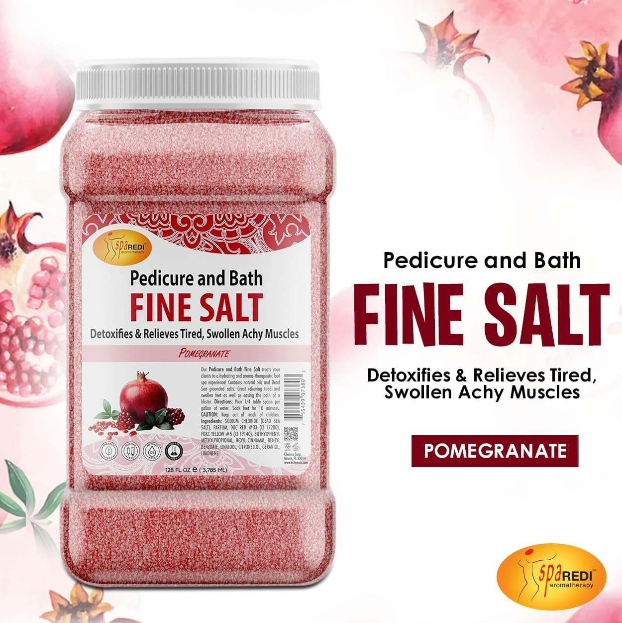 SPA REDI - Detox Foot Soak Pedicure and Bath Fine Salt, Pomegranate, 128 Oz - Made with Dead Sea Salts, Argan Oil, Coconut Oil, and Essential Oil - Hydrates, Softens and Moisturizes