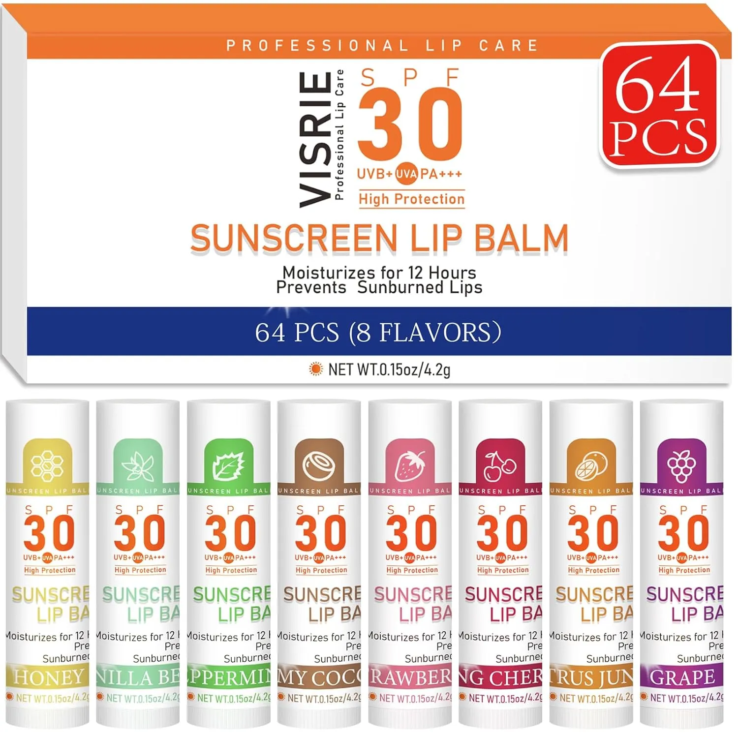 SPF 30 Lip Balm with Sunscreen, SPF Lip Balm Bulk Travel Size-64 Pack, Hydrating Lip Balm Pack with Vitamin E and Coconut Oil- 8 Flavors, 64 Count