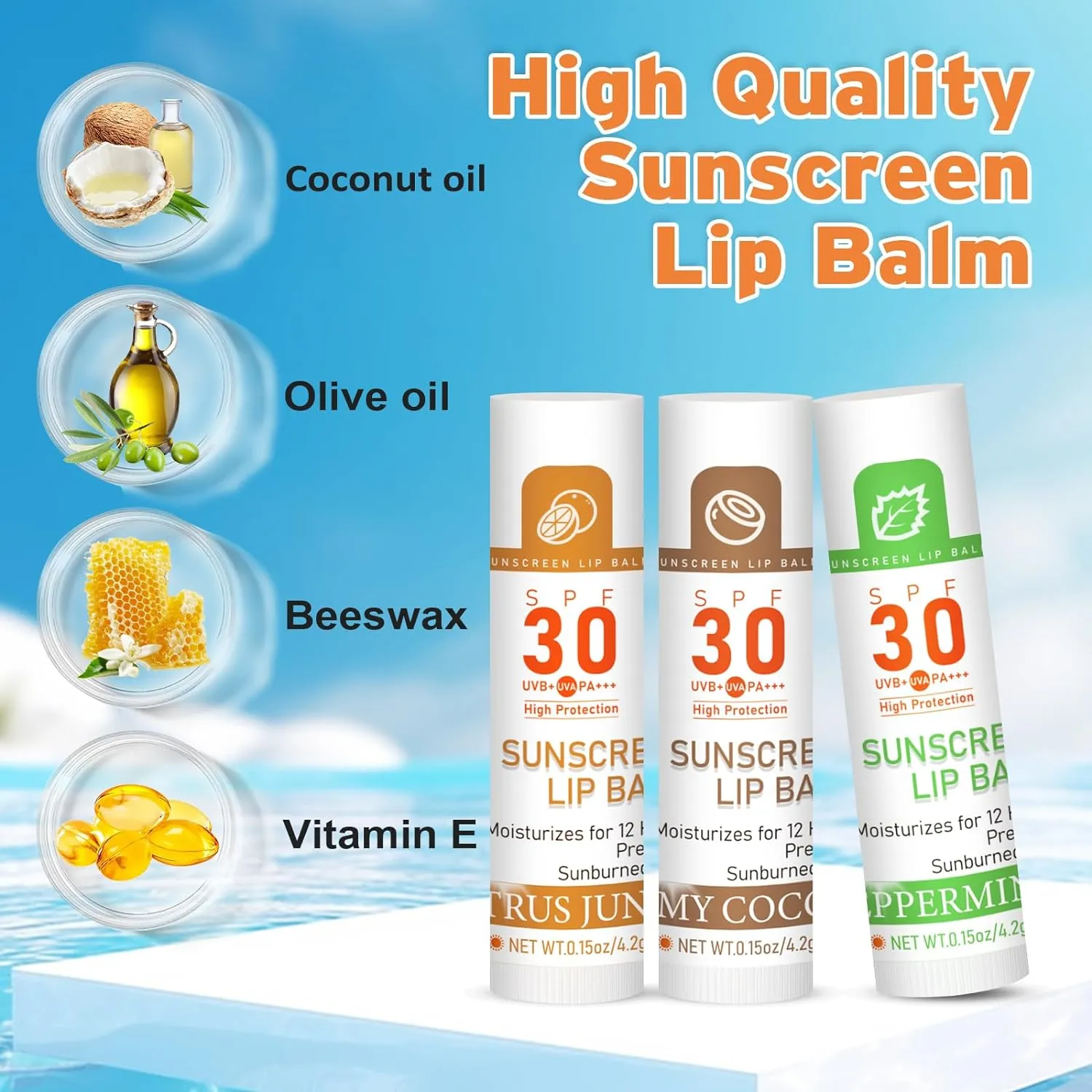 SPF 30 Lip Balm with Sunscreen, SPF Lip Balm Bulk Travel Size-64 Pack, Hydrating Lip Balm Pack with Vitamin E and Coconut Oil- 8 Flavors, 64 Count