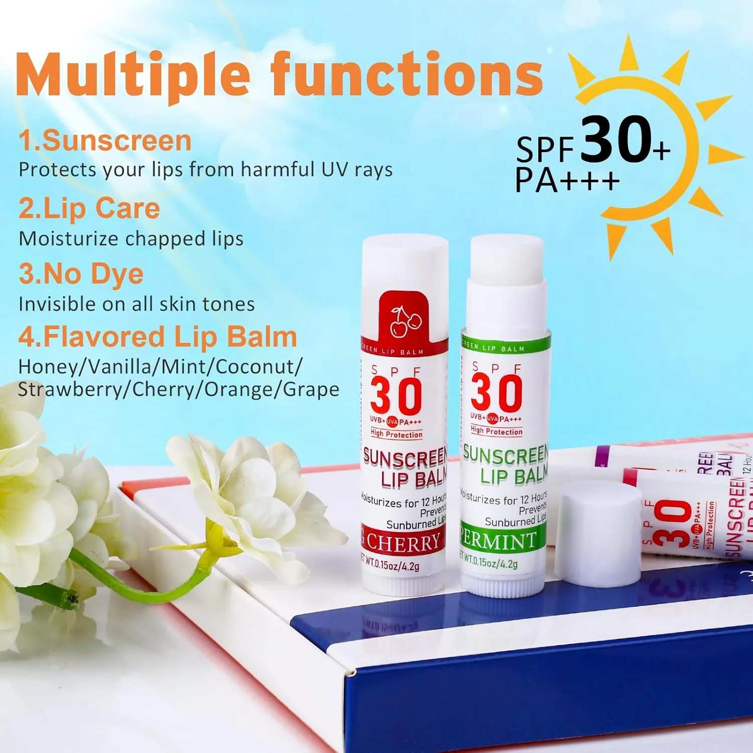 SPF 30 Lip Balm with Sunscreen, SPF Lip Balm Bulk Travel Size-64 Pack, Hydrating Lip Balm Pack with Vitamin E and Coconut Oil- 8 Flavors, 64 Count