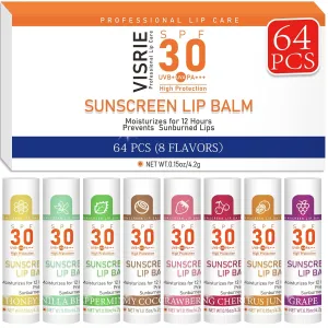 SPF 30 Lip Balm with Sunscreen, SPF Lip Balm Bulk Travel Size-64 Pack, Hydrating Lip Balm Pack with Vitamin E and Coconut Oil- 8 Flavors, 64 Count