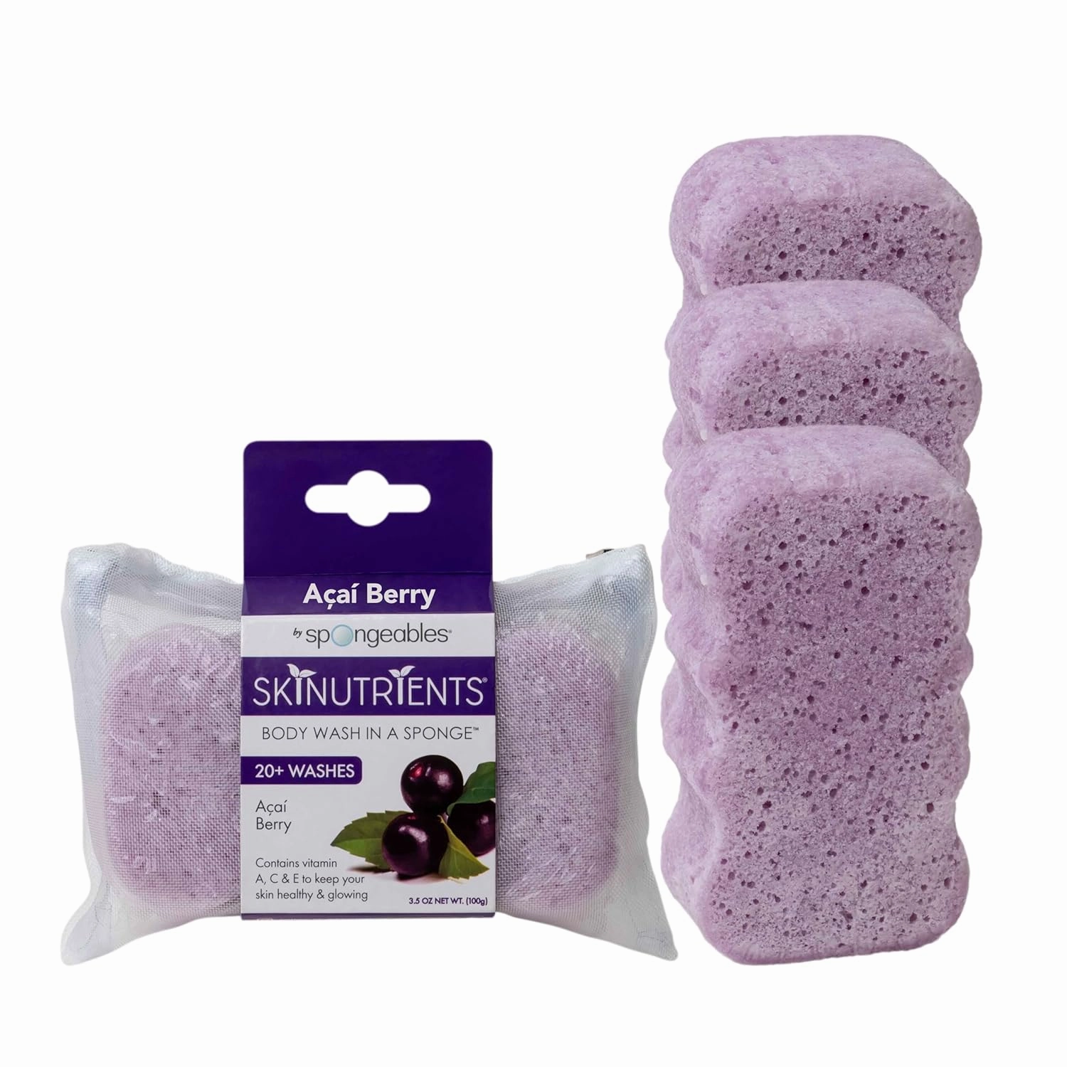 Spongeables Body Wash in a 20  Wash Sponge, Acai Berry, 3 Count