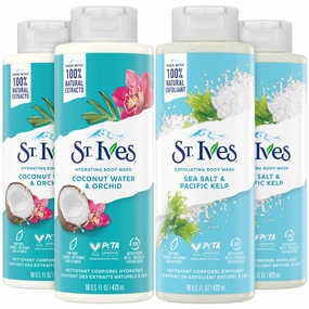 St. Ives Body Wash for Women Variety Pack – Hydrating Coconut Water & Orchid   Exfoliating Sea Salt & Pacific Kelp, Body Soap & Shower Gel, 16 Oz Ea (4 Piece Set)