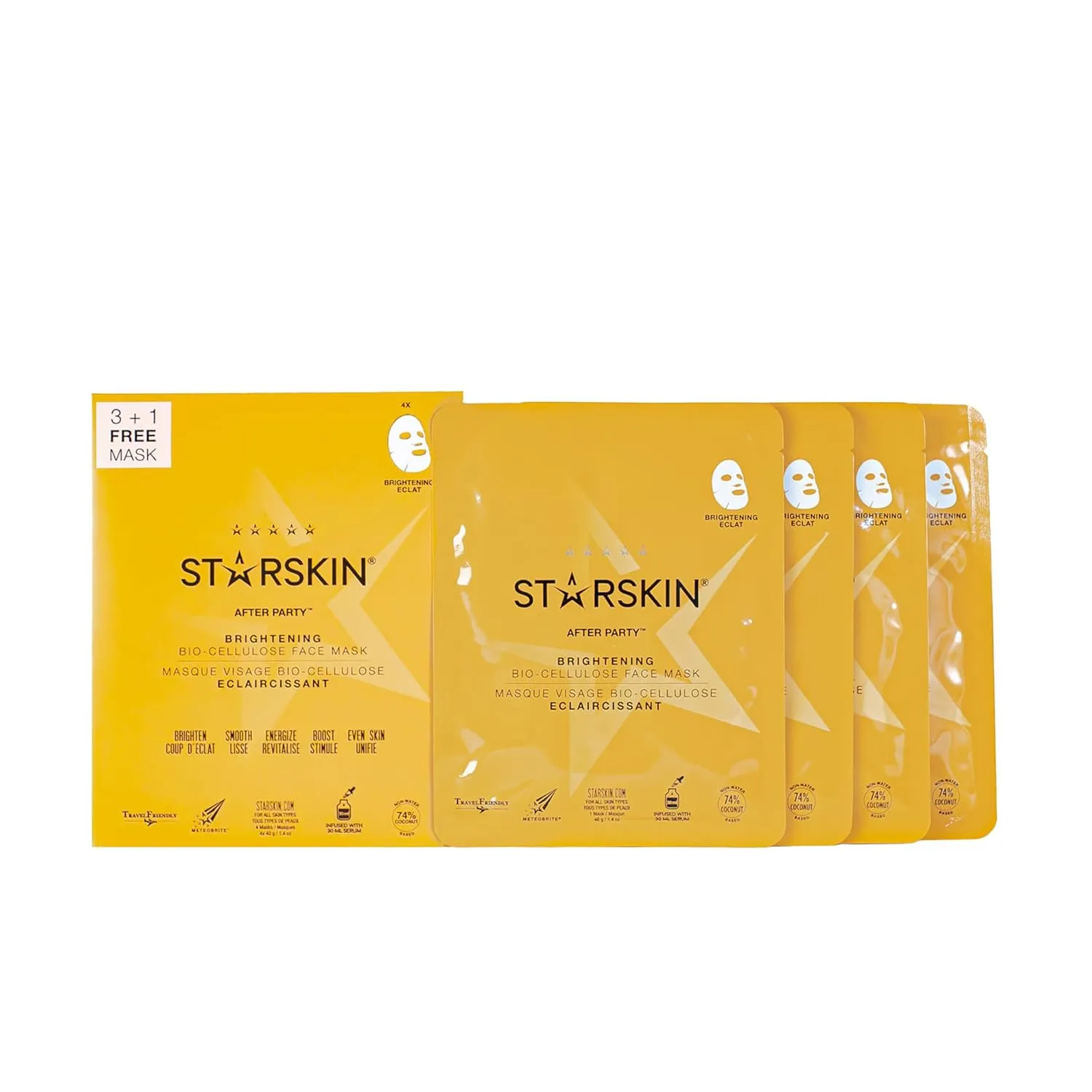 STARSKIN After Party 4x40g, Bio-Cellulose Brightening Face Mask for all Skin Types, Korean Skincare Mask infused with Vitamin C Serum and Niacinamide, Energizing and Soothing, K Beauty Skincare