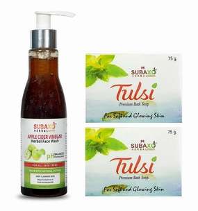 SUBAXO Apple Cider Vinegar Face Wash|Herbal Face Wash| Skin Glowing Face Wash| (200 ml) & Tulsi Soap, Ayurvedic Bath Soap (100 g Each, Pack Of 2)- Combo Pack