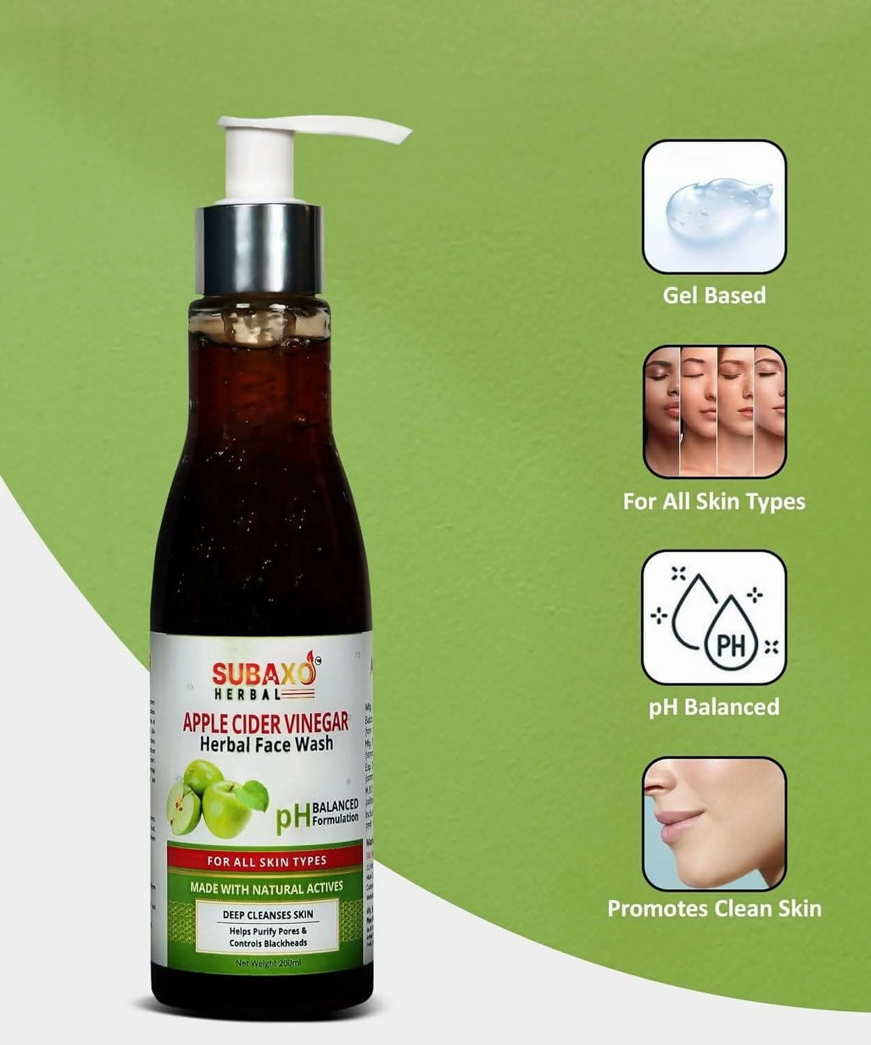 SUBAXO Apple Cider Vinegar Face Wash|Herbal Face Wash| Skin Glowing Face Wash| (200 ml) & Tulsi Soap, Ayurvedic Bath Soap (100 g Each, Pack Of 2)- Combo Pack