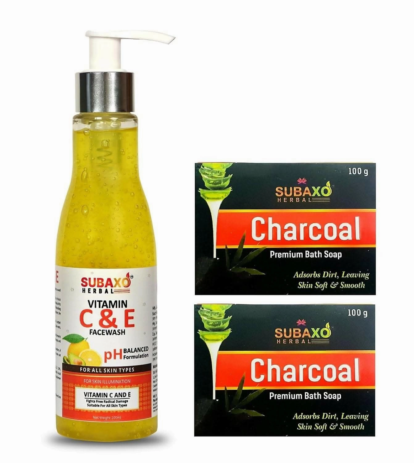 SUBAXO Charcoal Bath Soap, Herbal Bath Soap, Bathing Bar (100 g Each, Pack Of 2) and Vitamin C & Vitamin E Face Wash, Vitamin C facewash, Tan Removal facewash (200ml) Combo pack