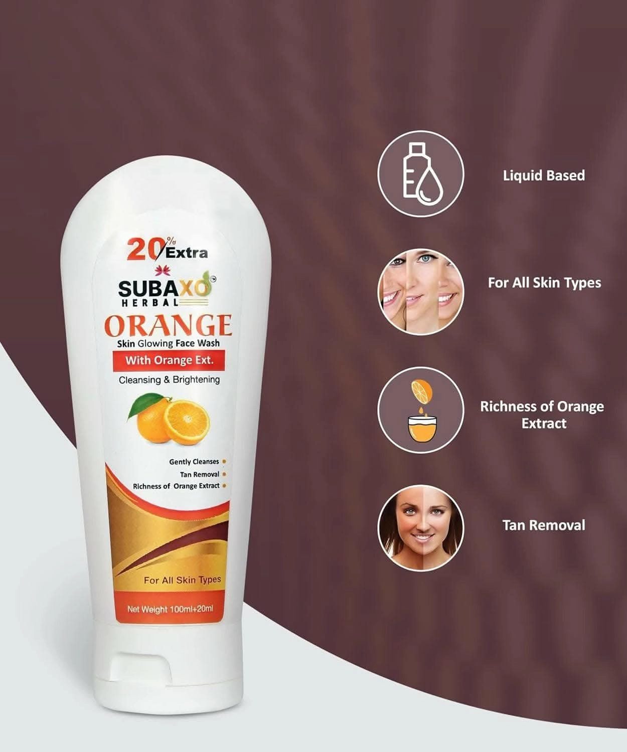 SUBAXO Orange Herbal Face Wash | Gently Cleanses Skin & Remove Tan (120ml, Pack of 2)