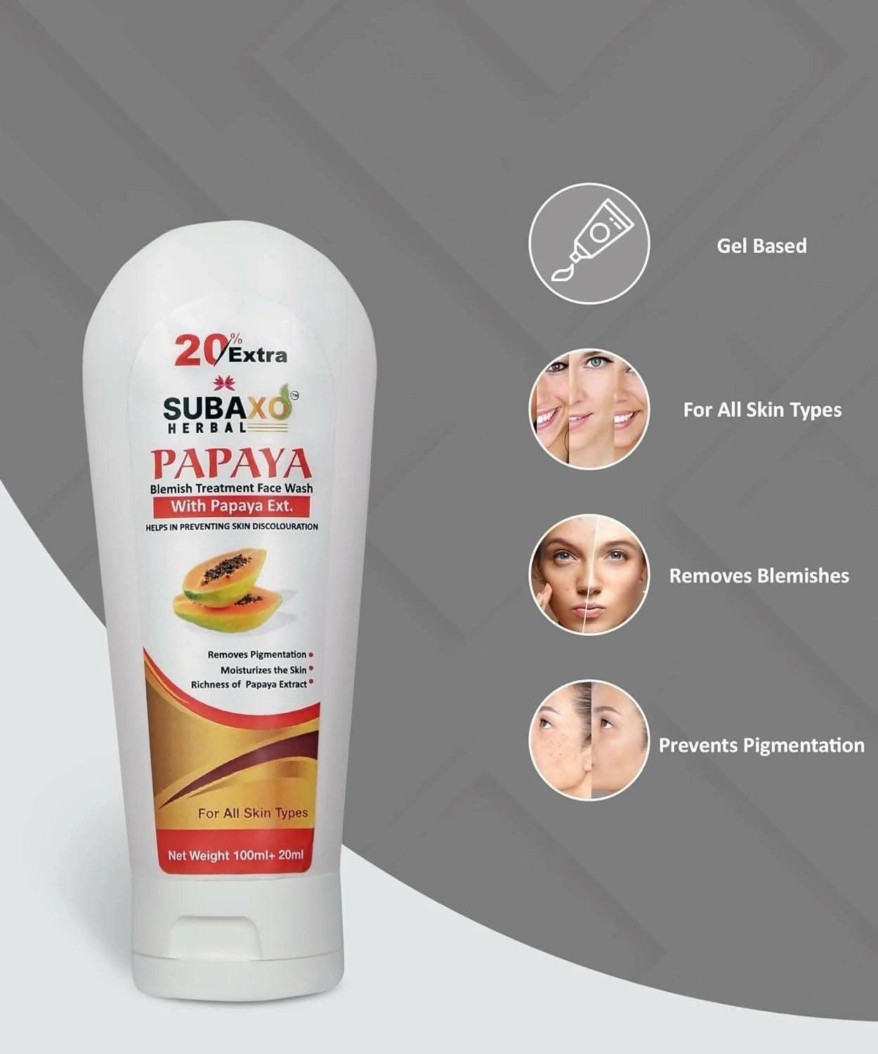 SUBAXO Papaya Herbal Face Wash| Remove Pigmentation & Moisturizes (120ml x 2, Pack of 2)