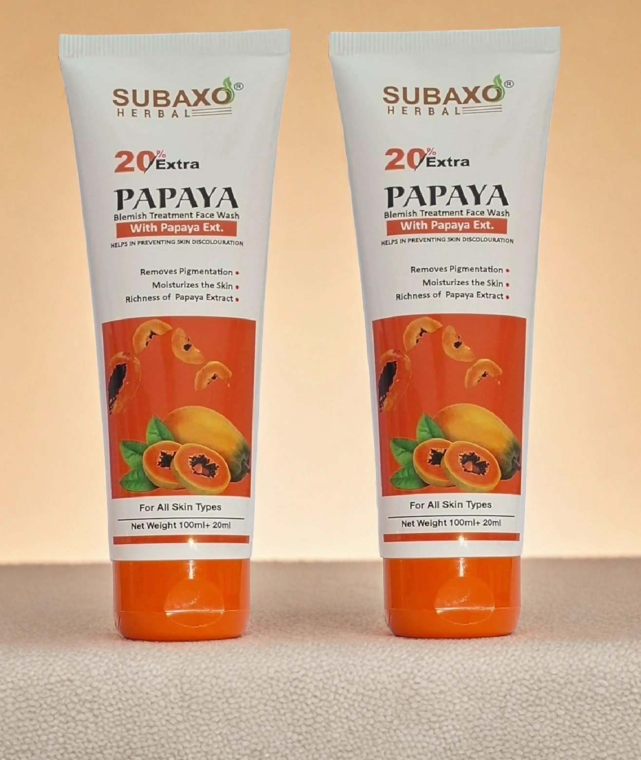 SUBAXO Papaya Herbal Face Wash| Remove Pigmentation & Moisturizes (120ml x 2, Pack of 2)