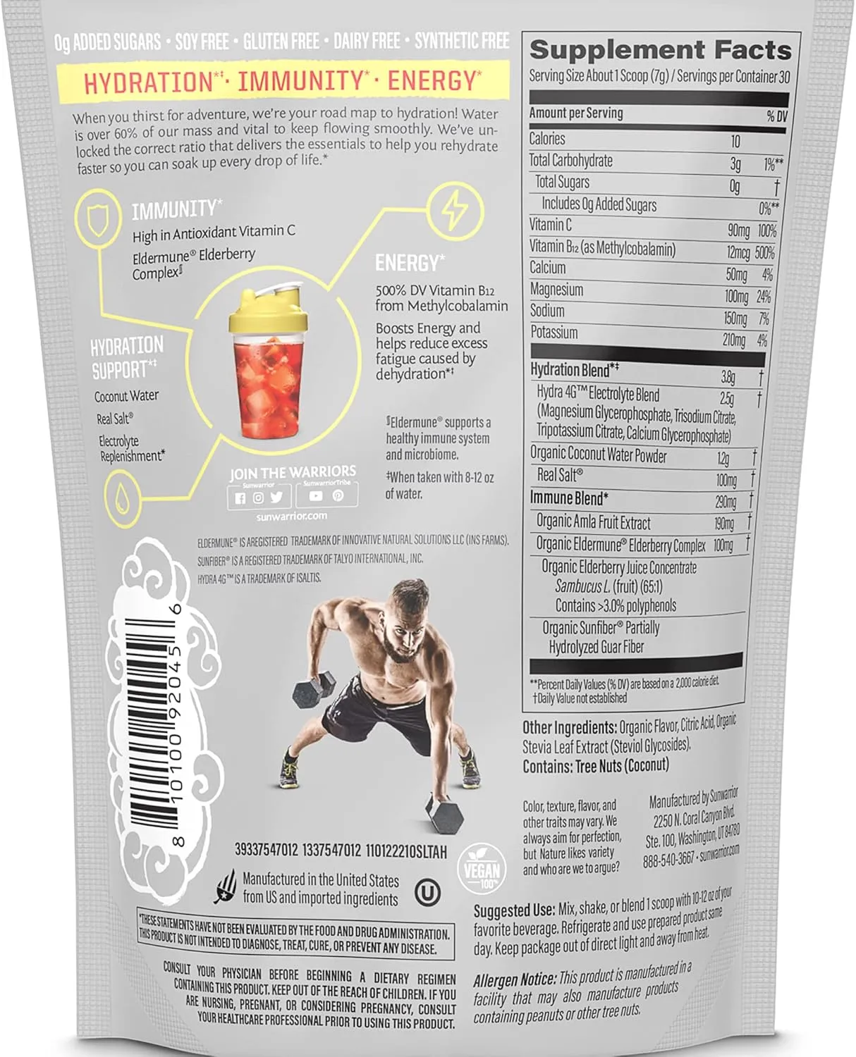 Sunwarrior Vegan Hydration Blend Electrolyes Supplement | Elderberry Coconut Water Real Salt Soy Free Sugar Free Synthetic Free Gluten Free Dairy Free | Strawberry 30 Servings | Active Hydration