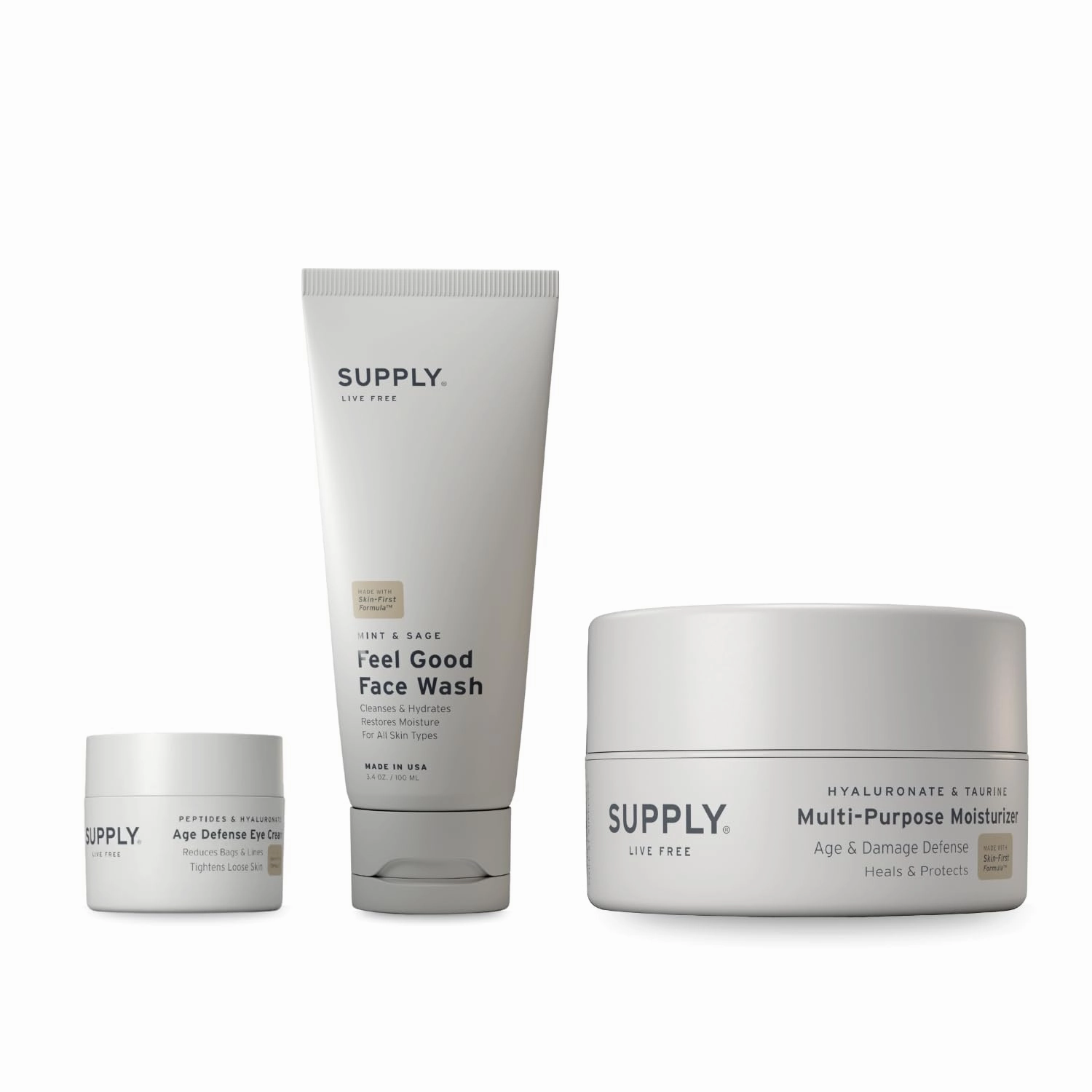 SUPPLY Face Care Bundle for Men & Women – Plant-Based Face Wash, Moisturizer & Anti-Aging Eye Cream – Hydrating Skincare Set with Aloe, Tea Tree, Peptides & Caffeine – Fights Wrinkles, Puffiness & Dry