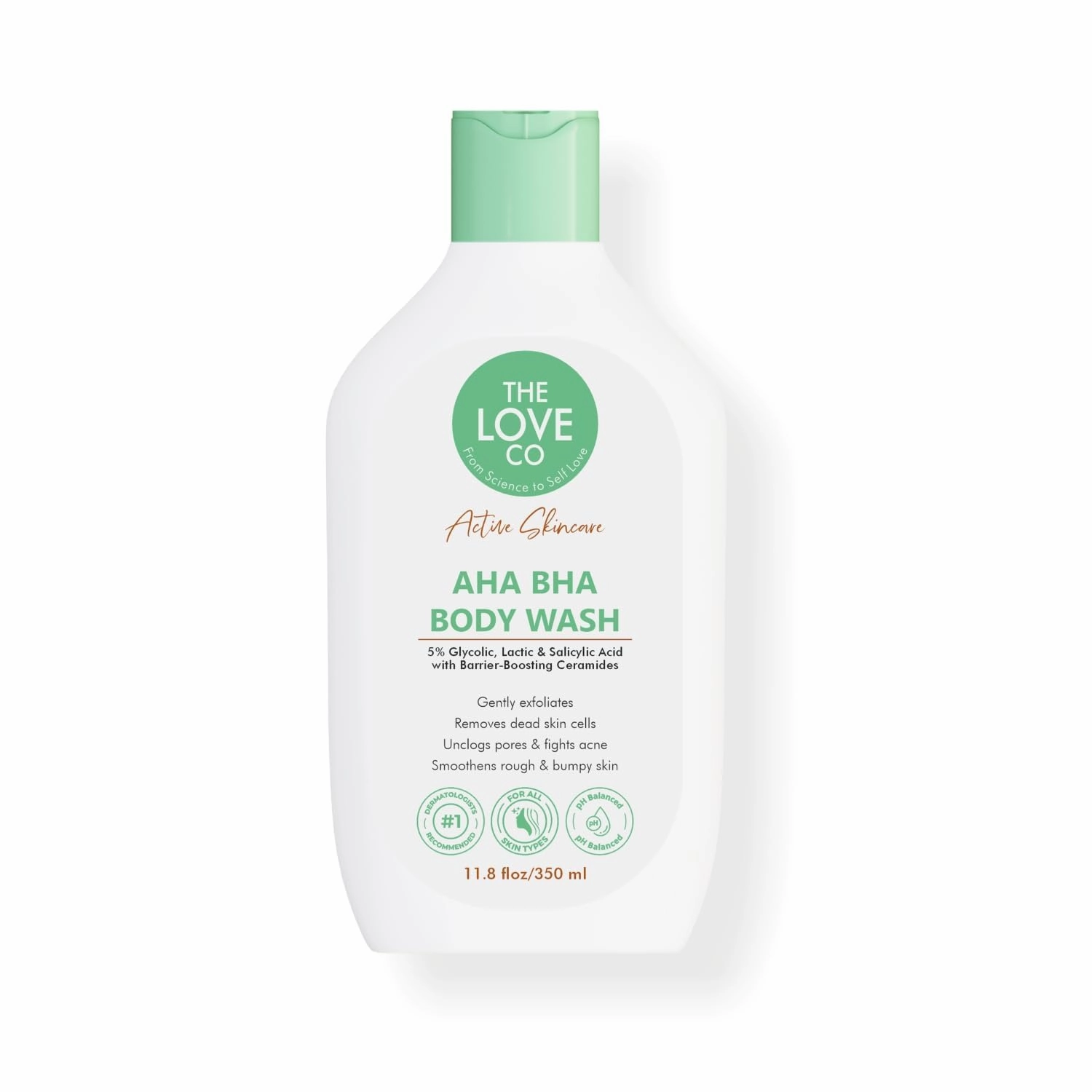 T.h.e. L.o.v.e. Co. AHA BHA Body Wash | 5% Glycolic, Lactic & Salicylic Acid | Gently Exfoliates, Fights Acne & Unclogs Pores | With Barrier-Boosting Ceramides | Sulphate-Free | Unisex | 350ml