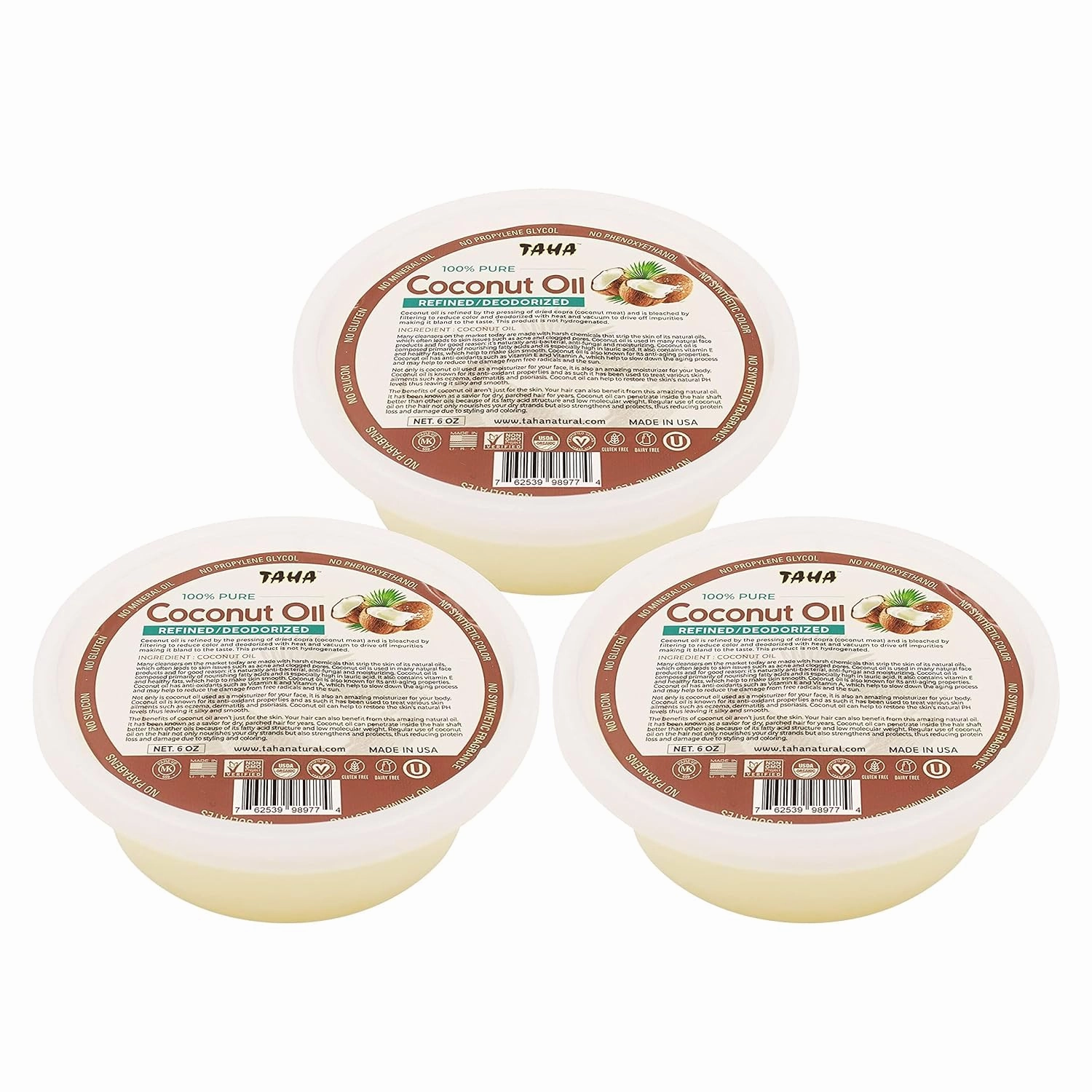 Taha Natural Coconut Oil, Refined, All-in-One Nourishment for Hair & Body, Protecting & Moisturizing, Great for Sensitive Skin, Neutral Scent, 6 Oz (Pack of 3)