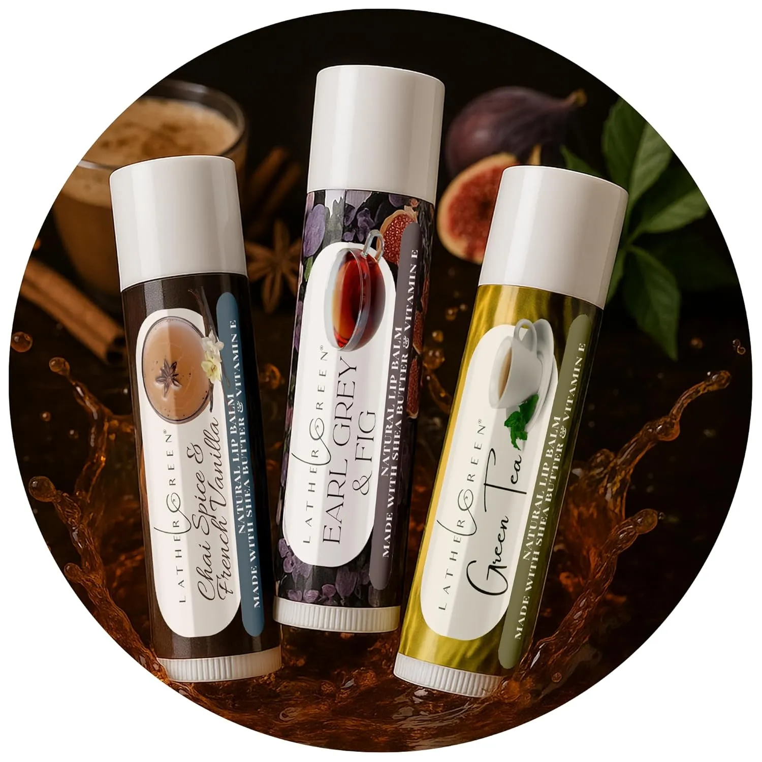Tea-Inspired Natural Lip Balm 3 Pack – Green Tea, Chai & Vanilla, Earl Grey