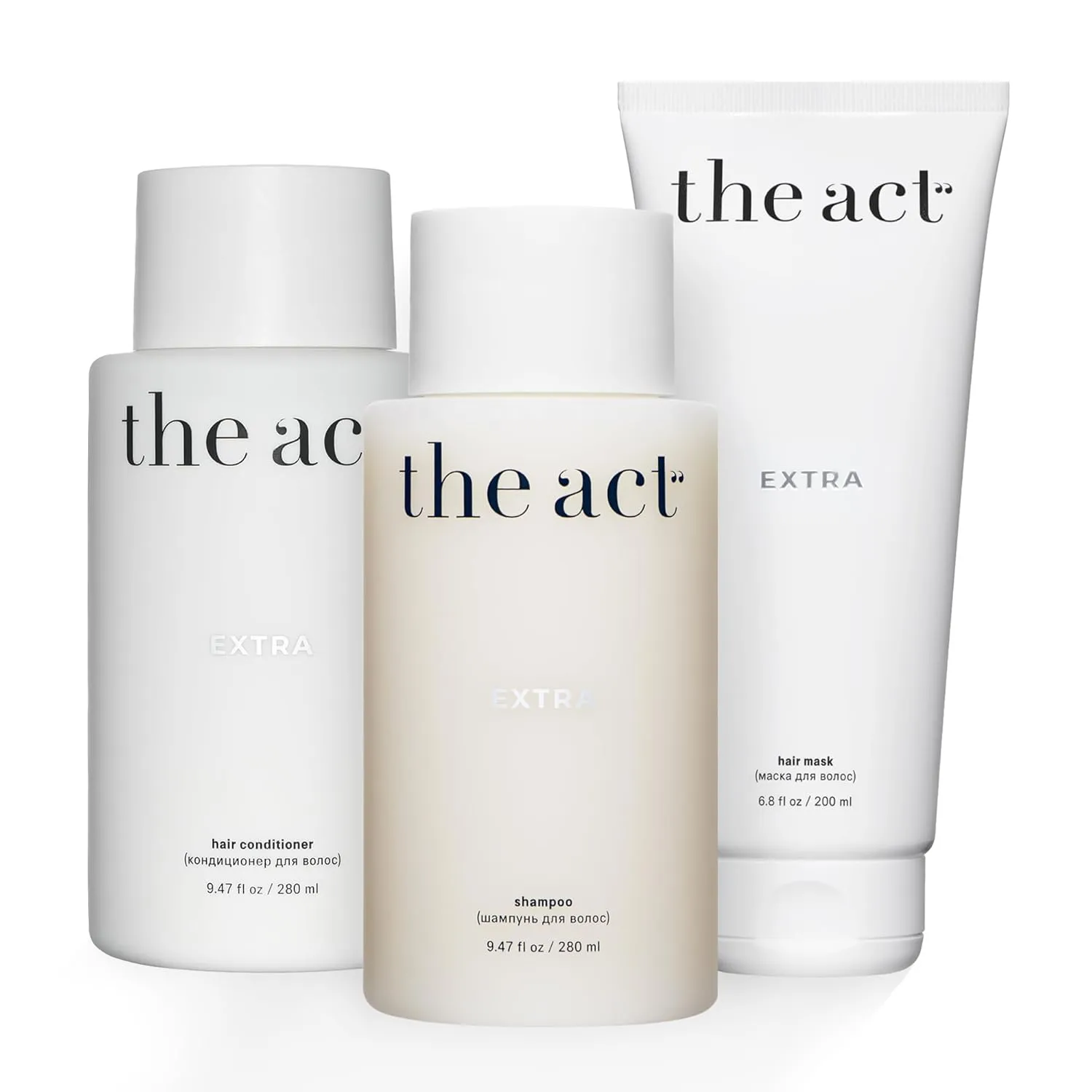 The Act Extra Hair Care Trio – Hydrating Shampoo, Nourishing Conditioner, and Restorative Hair Mask – Deep Hydration, Repair & Frizz Control for All Hair Types, Vegan, Sulfate-Free, 9.47 fl oz & 6.8 f