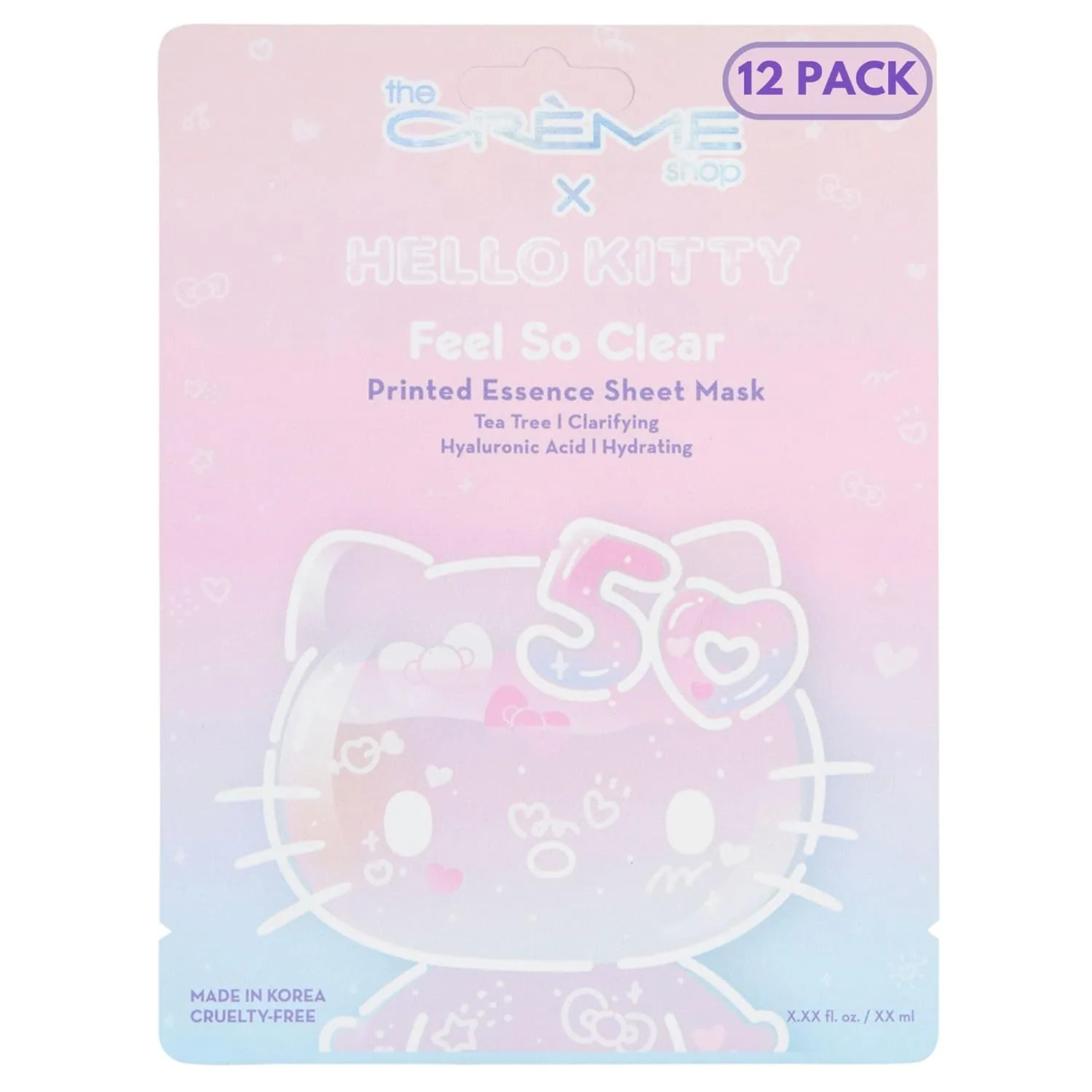 The Crème Shop x Hello Kitty Feel So Clear Printed Essence Sheet Mask, Clarifying and Hydrating Face Mask with Tea Tree and Hyaluronic Acid - 50th Year Anniversary Limited Edition - (Pack of 12)