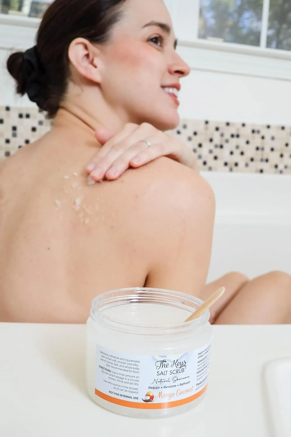The Keys | Mango Coconut Sea Salt Scrub - Natural Exfoliating Body Scrub with Wooden Spoon, Organic Moisturizing Exfoliator for Face, Hand, Foot, Bath, Manicure/Pedicure & Bikini Area (12 oz)