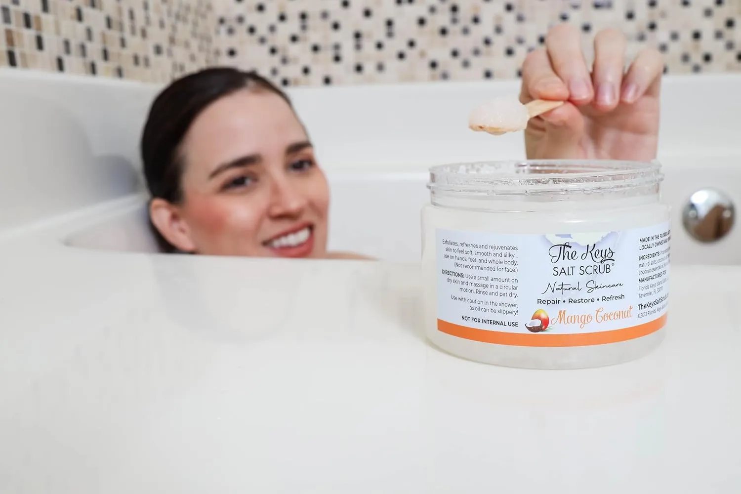 The Keys | Mango Coconut Sea Salt Scrub - Natural Exfoliating Body Scrub with Wooden Spoon, Organic Moisturizing Exfoliator for Face, Hand, Foot, Bath, Manicure/Pedicure & Bikini Area (12 oz)