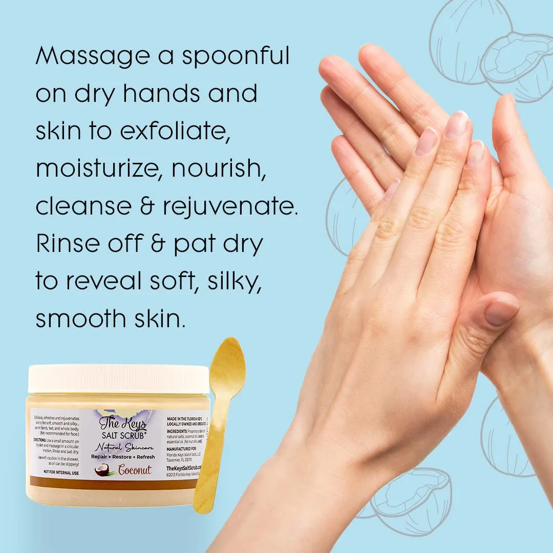 The Keys Salt Scrub - Coconut Sea Salt Scrub - Exfoliating Body Scrub Skincare with Wooden Spoon for Men & Women-Natural Moisturizing Exfoliator for Face, Hands, Foot, Bath, & Bikini Area (3pcs-12oz)