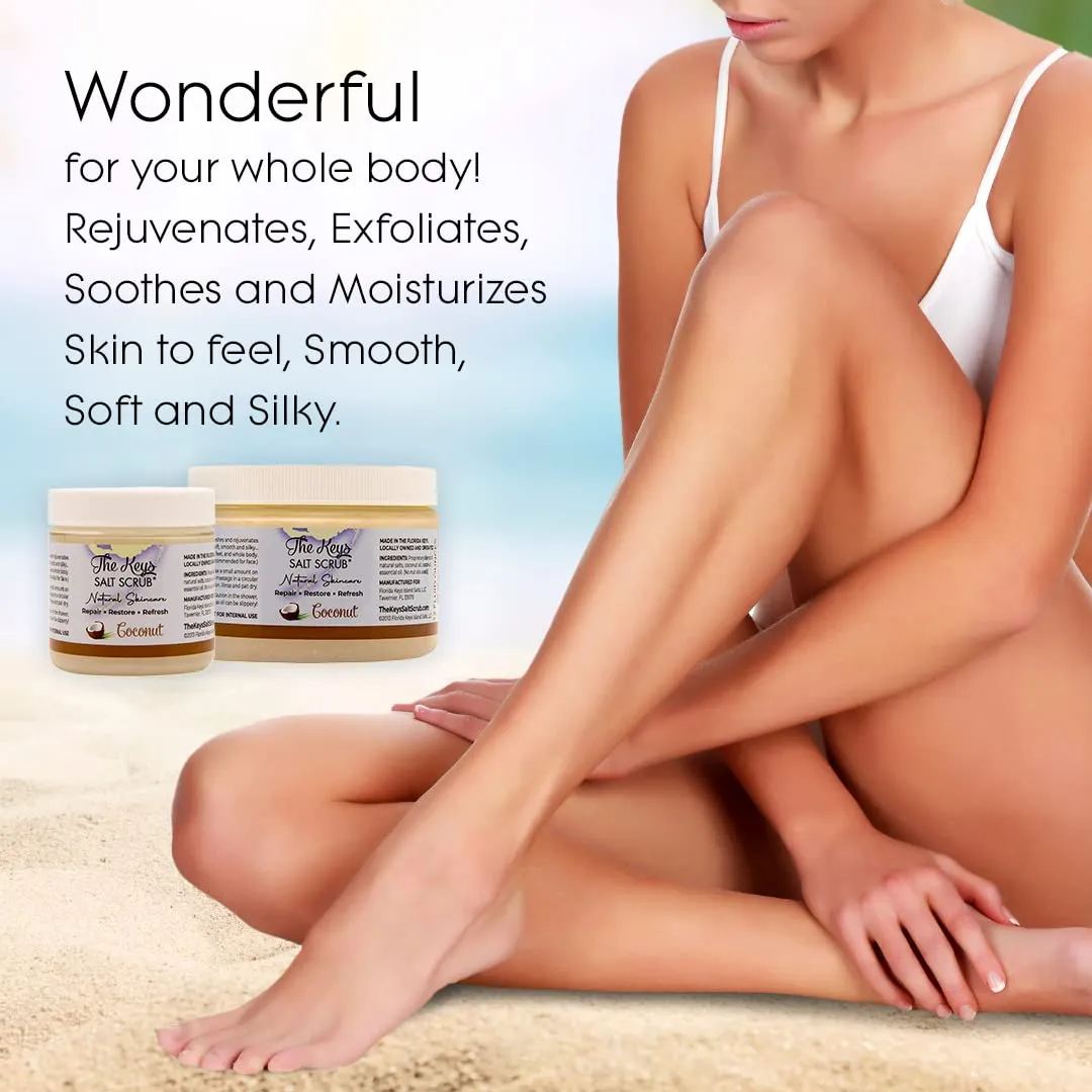 The Keys Salt Scrub - Coconut Sea Salt Scrub - Exfoliating Body Scrub Skincare with Wooden Spoon for Men & Women-Natural Moisturizing Exfoliator for Face, Hands, Foot, Bath, & Bikini Area (3pcs-12oz)