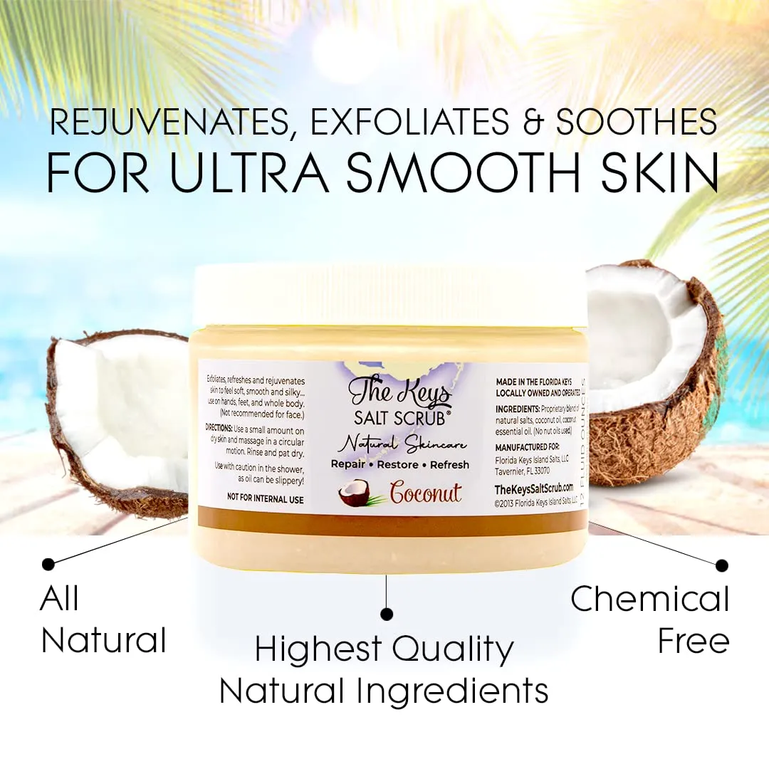 The Keys Salt Scrub - Coconut Sea Salt Scrub - Exfoliating Body Scrub Skincare with Wooden Spoon for Men & Women-Natural Moisturizing Exfoliator for Face, Hands, Foot, Bath, & Bikini Area (3pcs-12oz)
