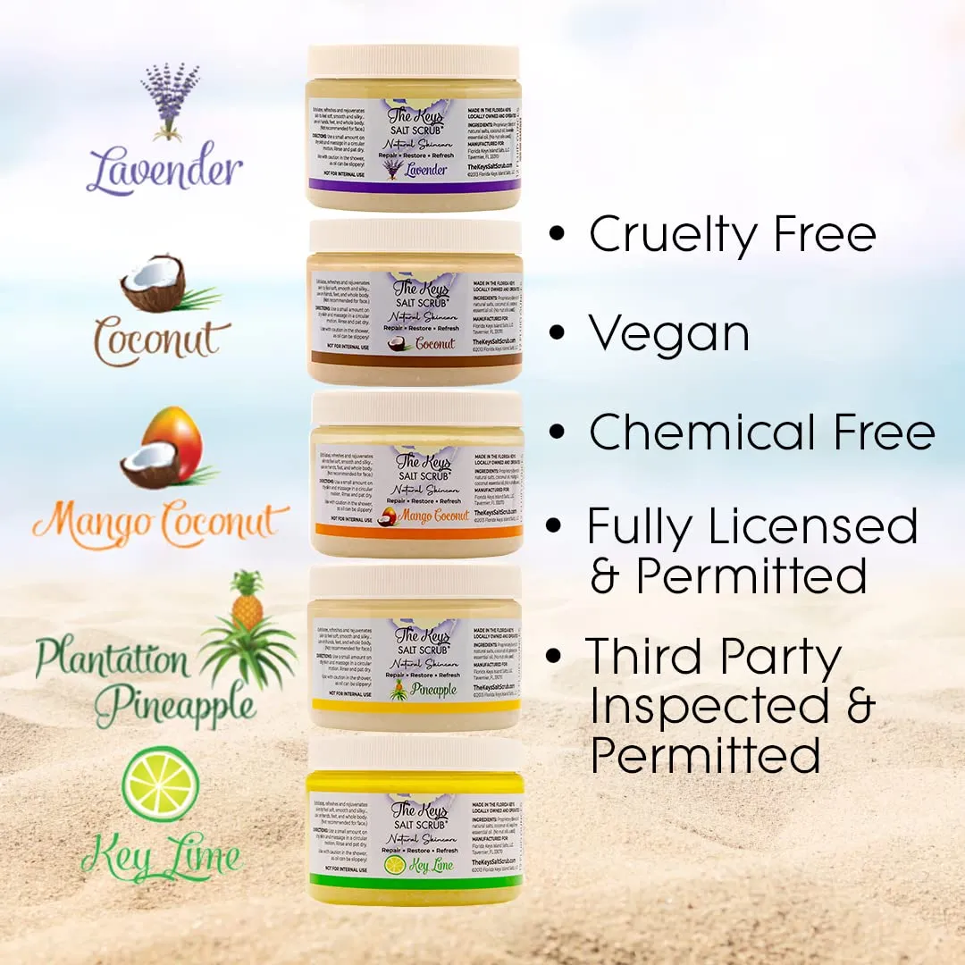 The Keys Salt Scrub - Coconut Sea Salt Scrub - Exfoliating Body Scrub Skincare with Wooden Spoon for Men & Women-Natural Moisturizing Exfoliator for Face, Hands, Foot, Bath, & Bikini Area (3pcs-12oz)