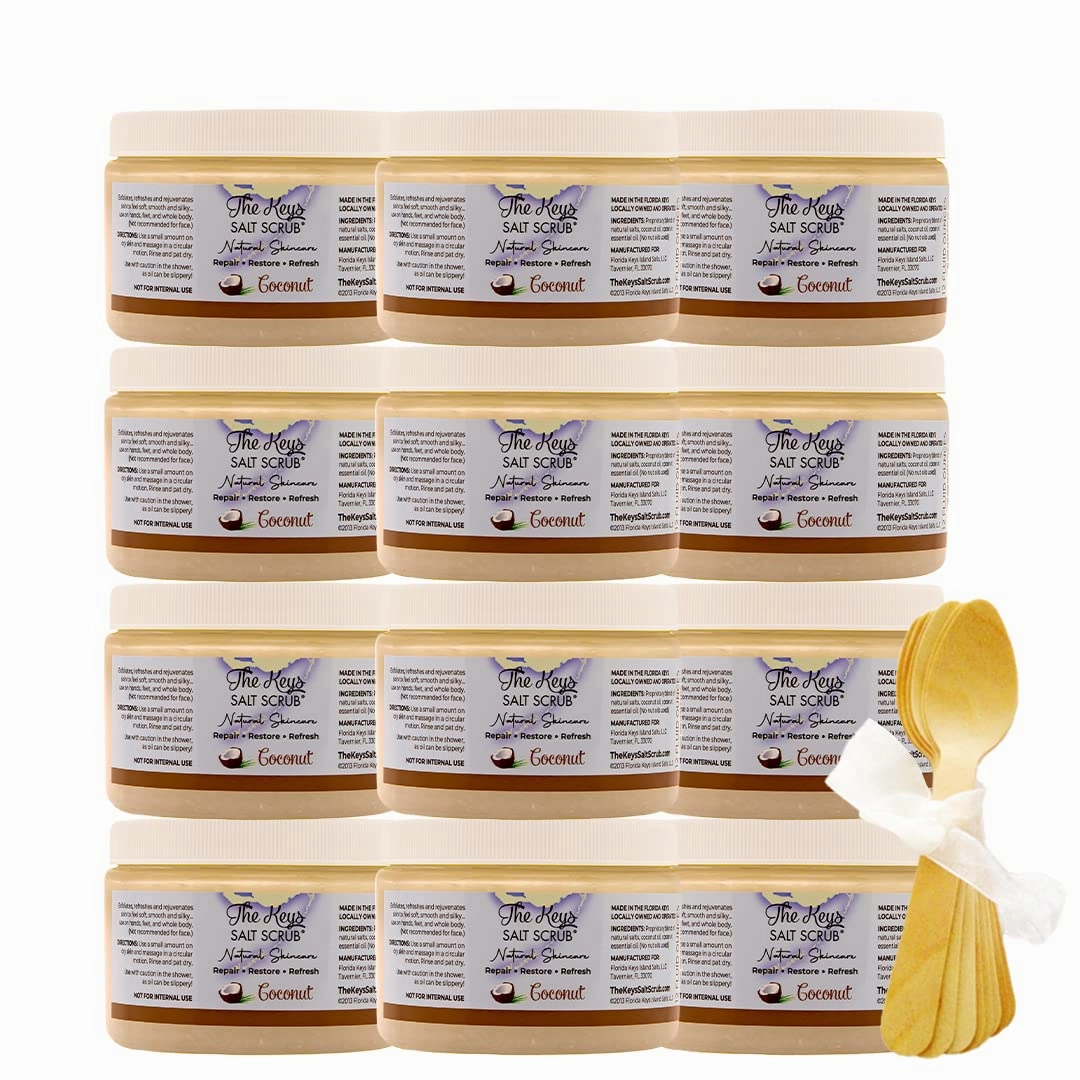 The Keys Salt Scrub - Coconut Sea Salt Scrub - Exfoliating Body Scrub Skincare with Wooden Spoon for Men & Women-Natural Moisturizing Exfoliator for Face, Hands, Foot, Bath, & Bikini Area (12pcs-12oz)