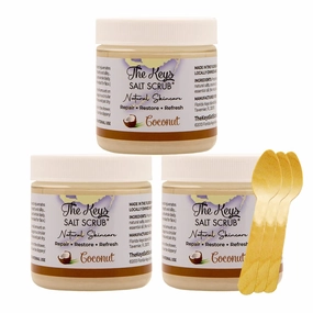 The Keys Salt Scrub - Coconut Sea Salt Scrub - Exfoliating Body Scrub Skincare with Wooden Spoon for Men & Women-Natural Moisturizing Exfoliator for Face, Hands, Foot, Bath, & Bikini Area (3pcs-3.4oz)