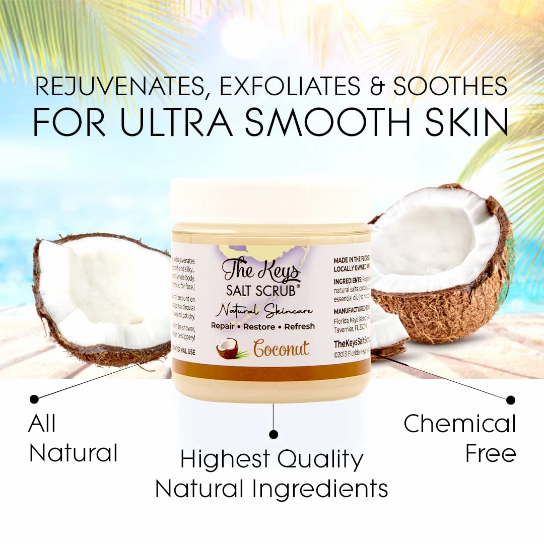 The Keys Salt Scrub - Coconut Sea Salt Scrub - Exfoliating Body Scrub Skincare with Wooden Spoon for Men & Women-Natural Moisturizing Exfoliator for Face, Hands, Foot, Bath, & Bikini Area (3pcs-3.4oz)