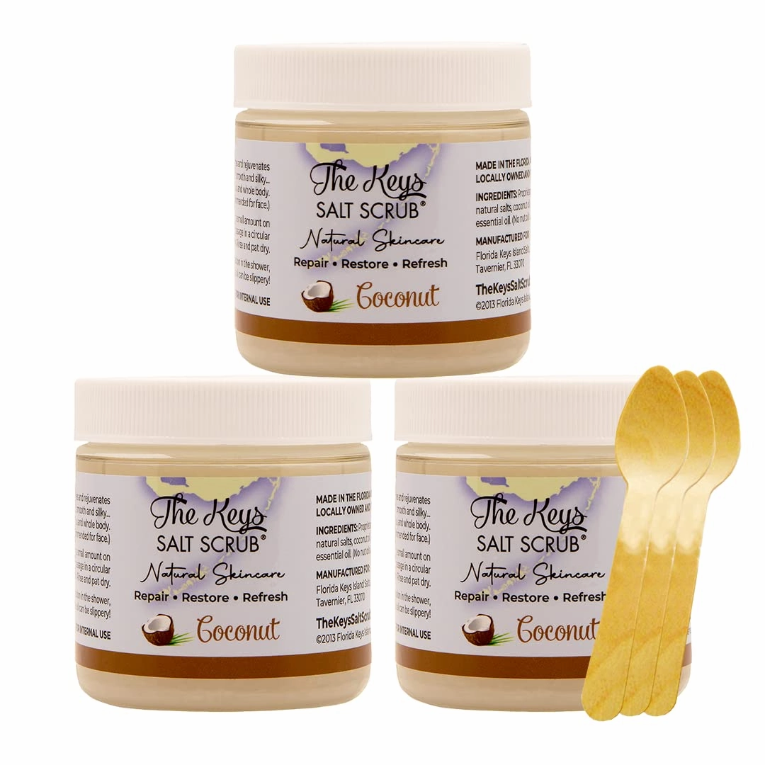 The Keys Salt Scrub - Coconut Sea Salt Scrub - Exfoliating Body Scrub Skincare with Wooden Spoon for Men & Women-Natural Moisturizing Exfoliator for Face, Hands, Foot, Bath, & Bikini Area (3pcs-3.4oz)