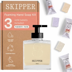 Tirtyl Skipper Hand Wash Single Kit Glass - 1 Glass Foaming Dispenser   3 Tablet Refills (3x 8 fl oz bottles of soap) - Variety Fragrances