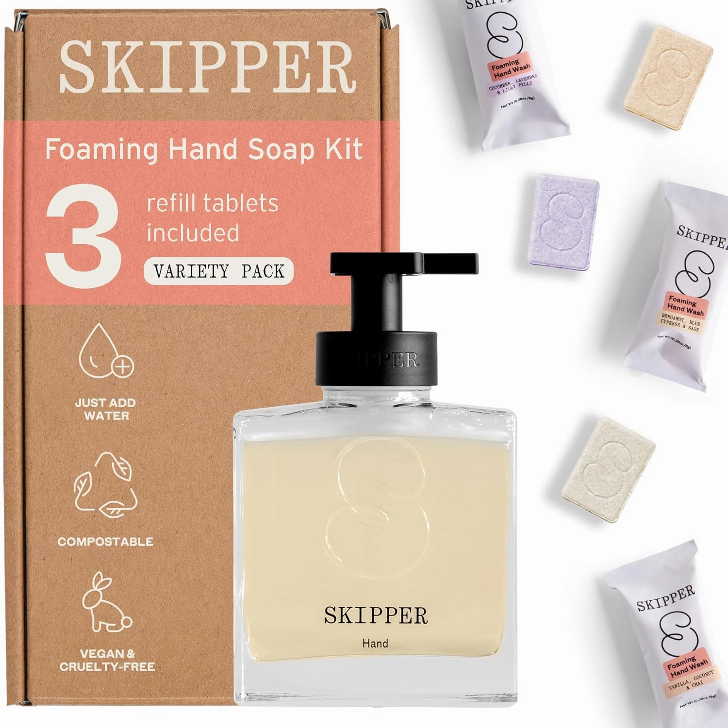 Tirtyl Skipper Hand Wash Single Kit Glass - 1 Glass Foaming Dispenser   3 Tablet Refills (3x 8 fl oz bottles of soap) - Variety Fragrances