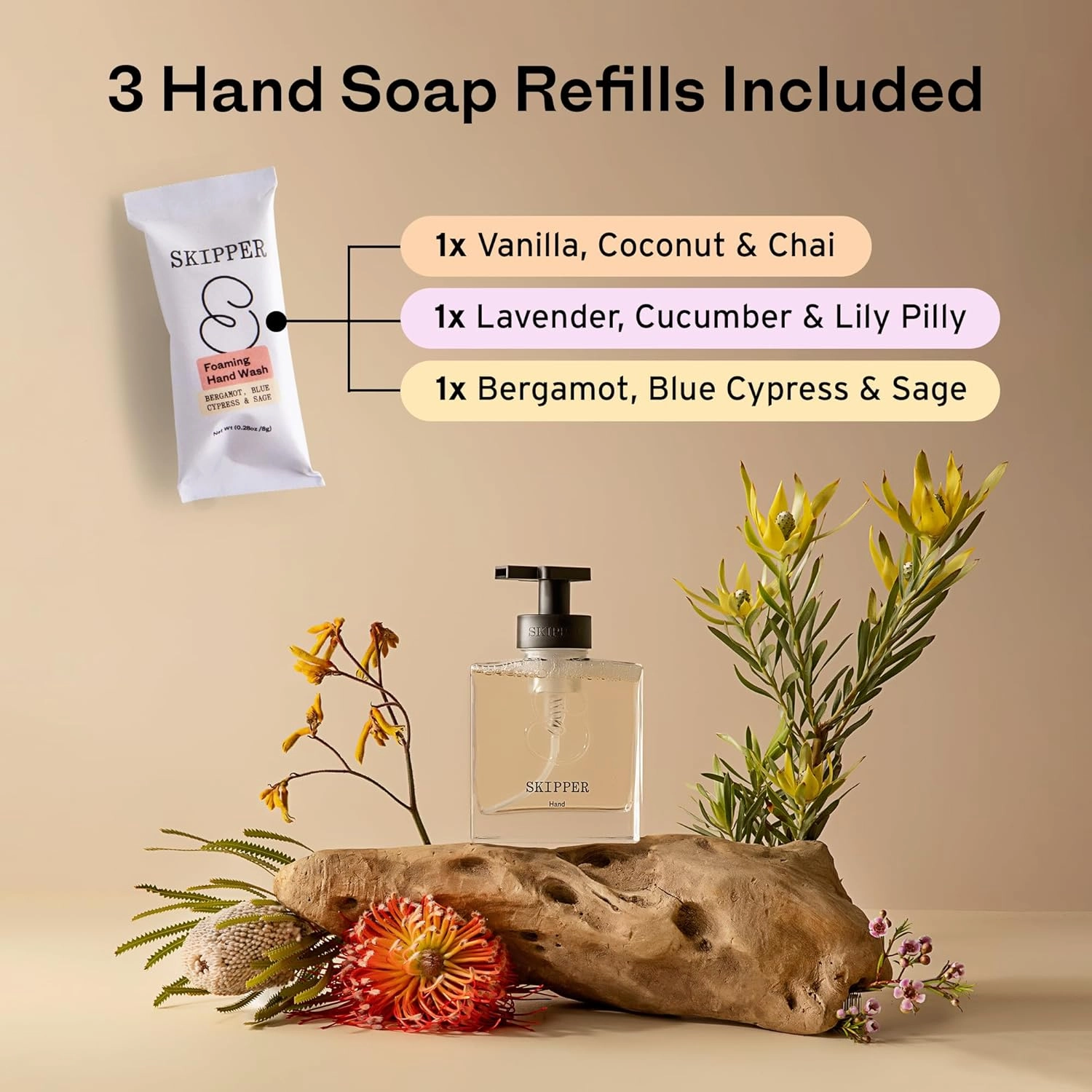 Tirtyl Skipper Hand Wash Single Kit Glass - 1 Glass Foaming Dispenser   3 Tablet Refills (3x 8 fl oz bottles of soap) - Variety Fragrances