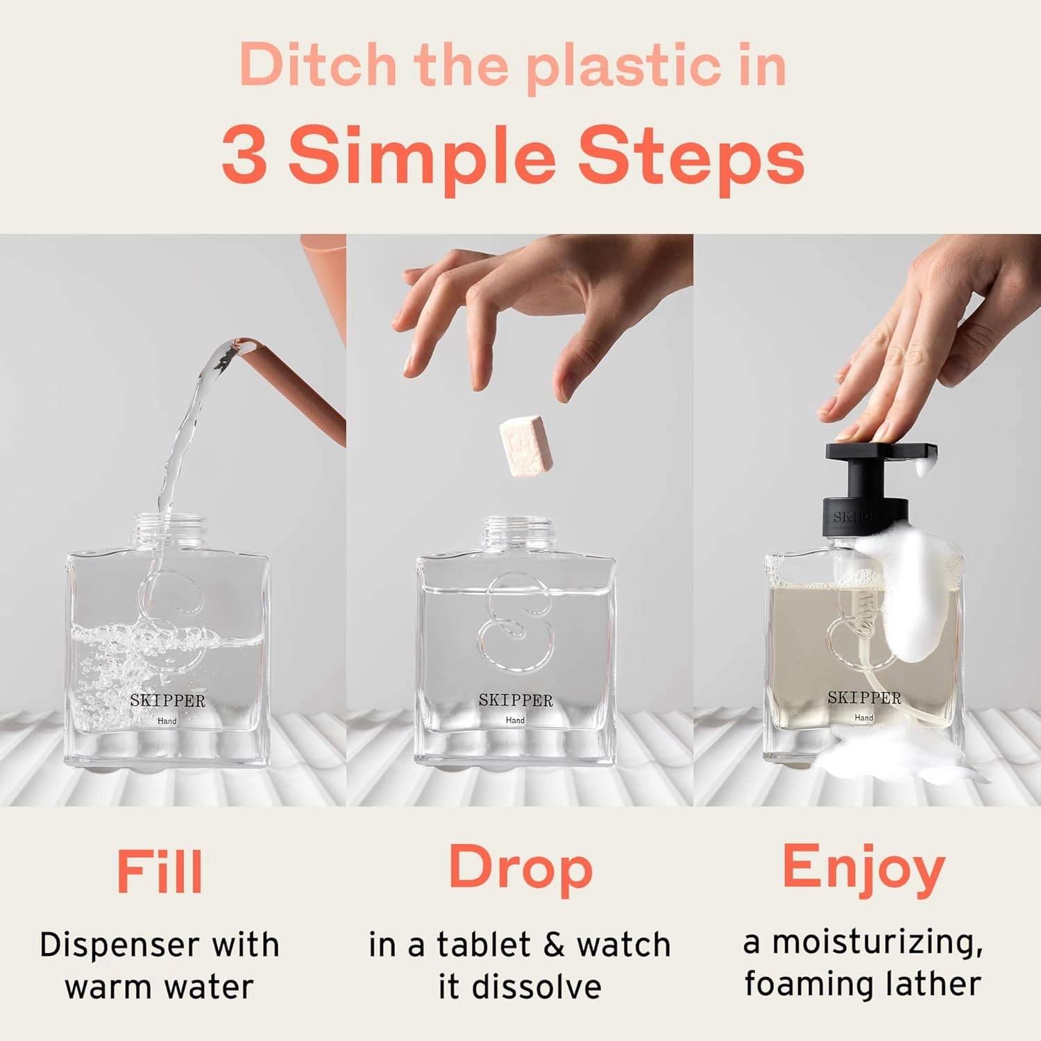 Tirtyl Skipper Hand Wash Single Kit Glass - 1 Glass Foaming Dispenser   3 Tablet Refills (3x 8 fl oz bottles of soap) - Variety Fragrances