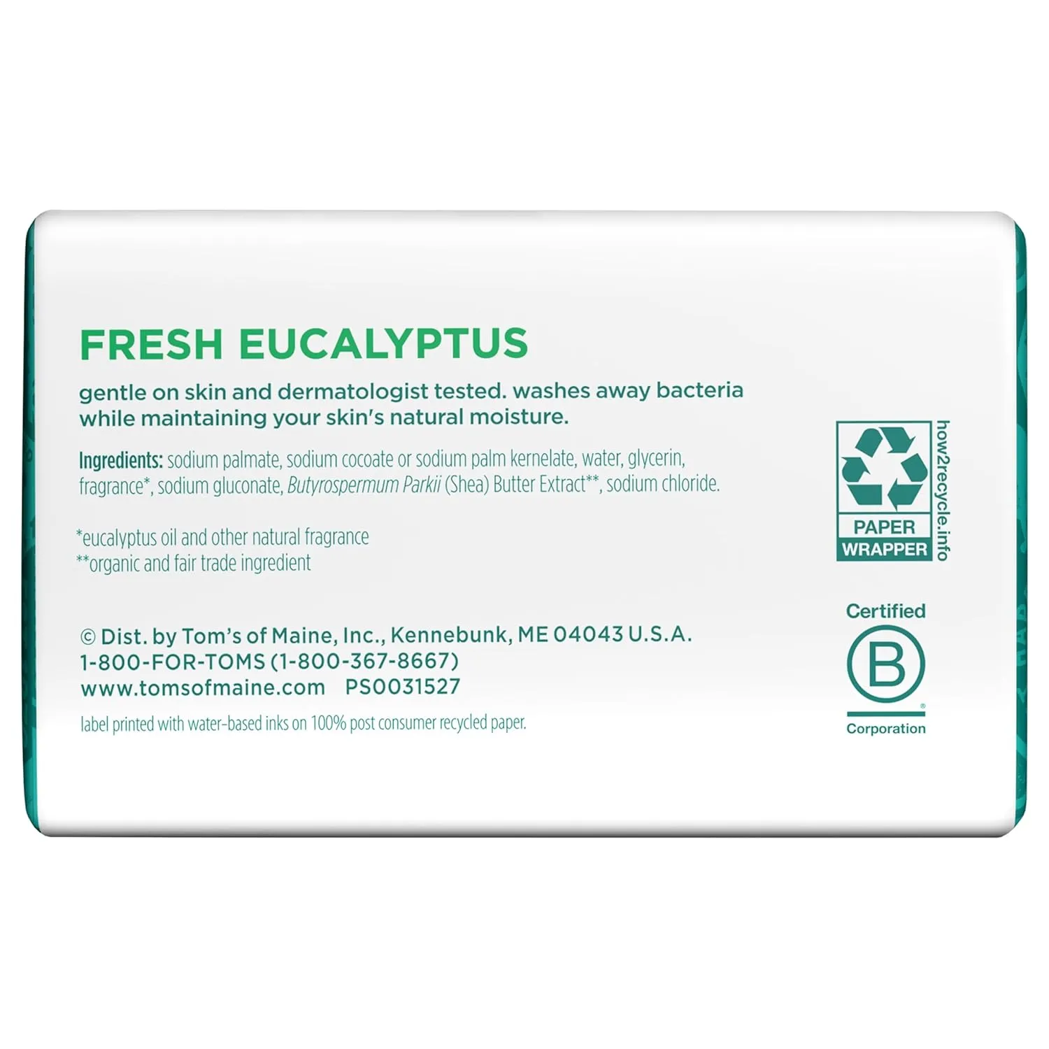 Tom's of Maine Natural Beauty Bar Soap With Raw Shea Butter, Fresh Eucalyptus, 5 oz. 6-Pack (Packaging May Vary)