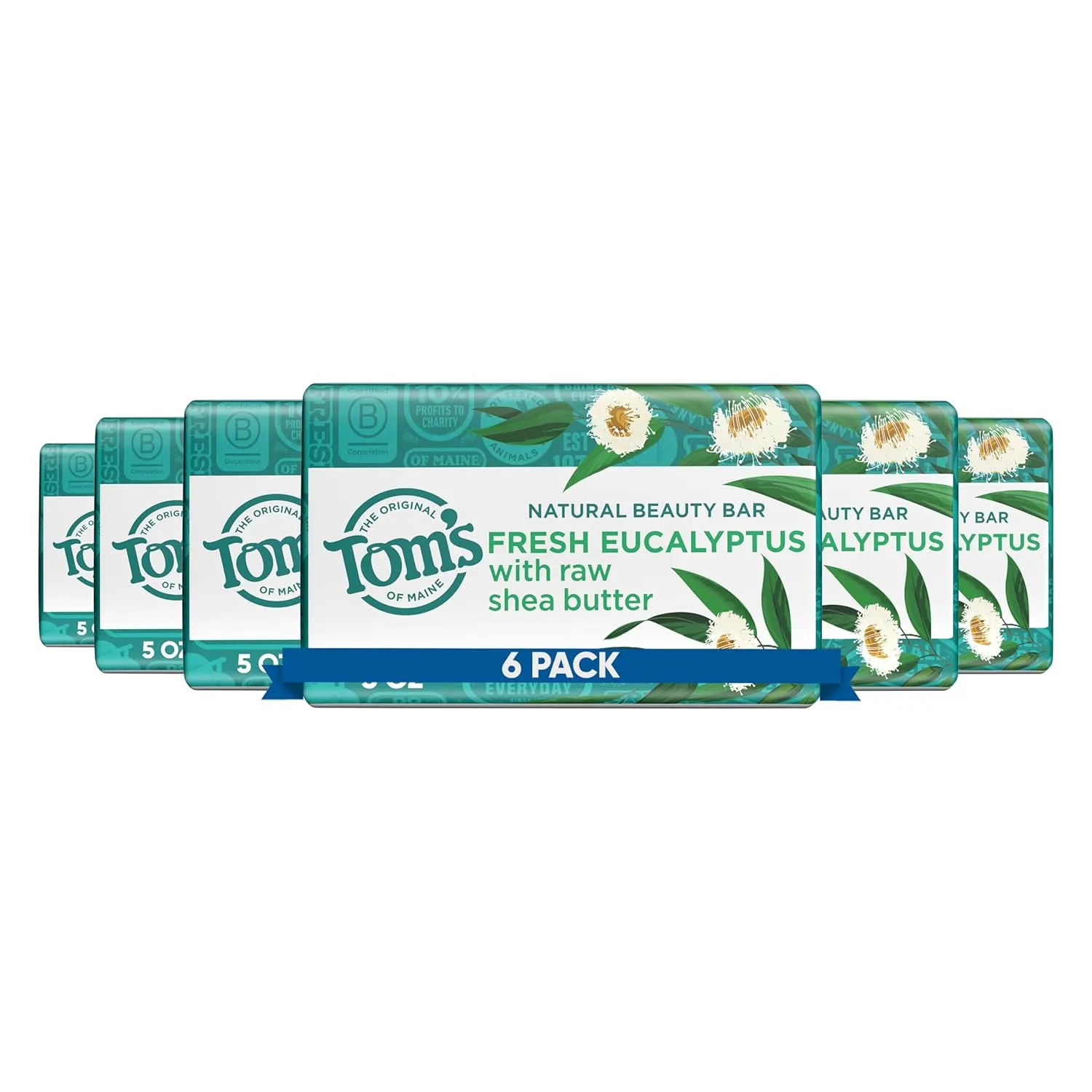Tom's of Maine Natural Beauty Bar Soap With Raw Shea Butter, Fresh Eucalyptus, 5 oz. 6-Pack (Packaging May Vary)