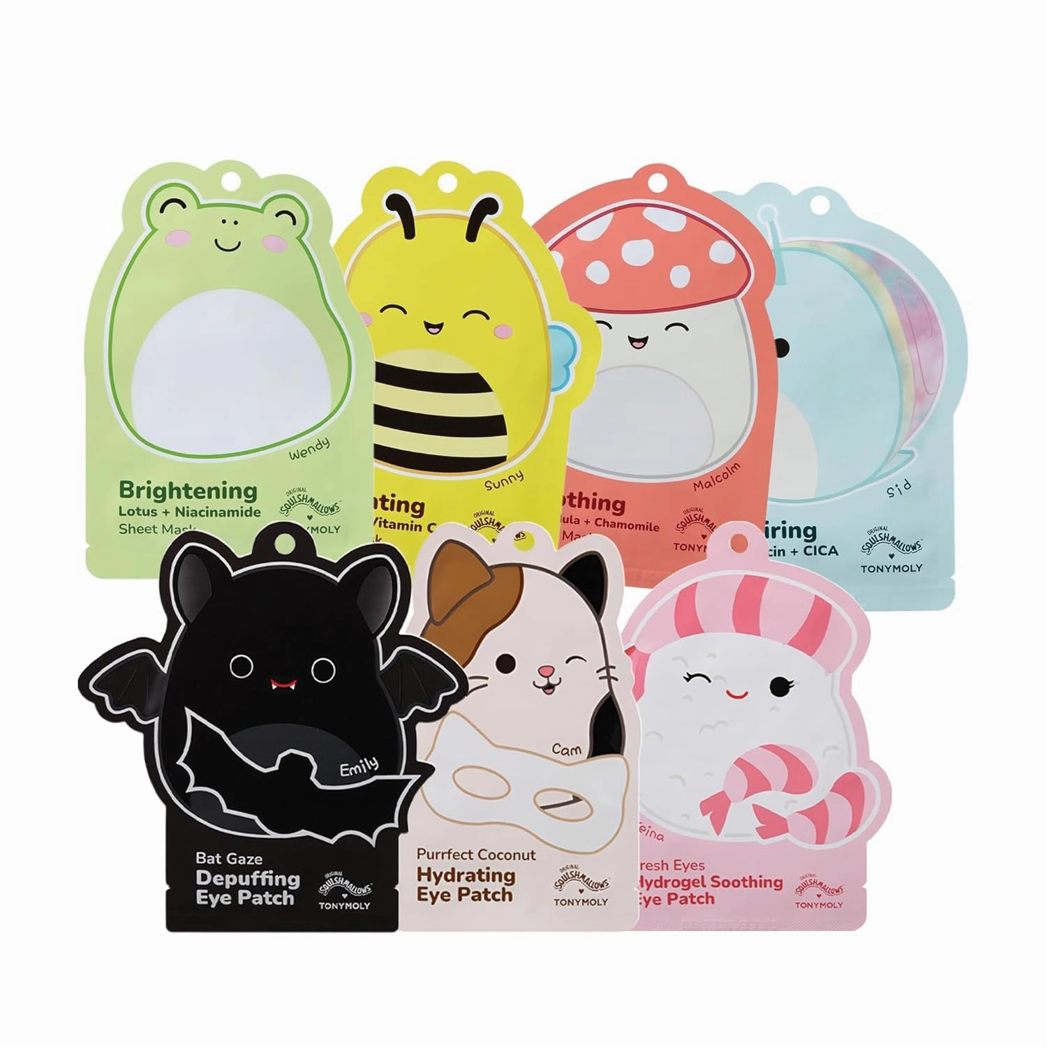 TONYMOLY x Squishmallow Facial Hydrating Sheet Mask Set, Soothe, Repair, Hydrate Skincare Variety 4 Pack x Squishmallow Valentine Hydrating Eye Patch Set (Assorted)
