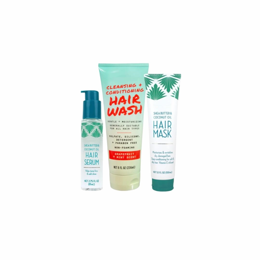 Trader joes hair set - Shea Butter & Coconut Oil Hair Mask (5.1 Fl Oz), Shea Butter & Coconut Oil Hair Serum (2.75 Fl Oz and Cleansing & Conditioning Hair Wash (8 Fl Oz), White