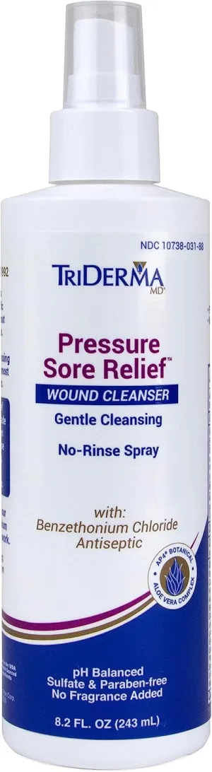 TriDerma Pressure Sore Relief Wound Cleanser, Gentle Cleansing for Bed Sores, Ulcers, Pressure Sores, Wounds and Hard-to-Heal Skin Sores with AP4 Aloe Vera and Niacinamide, Fragrance Free 8.2 oz Spray