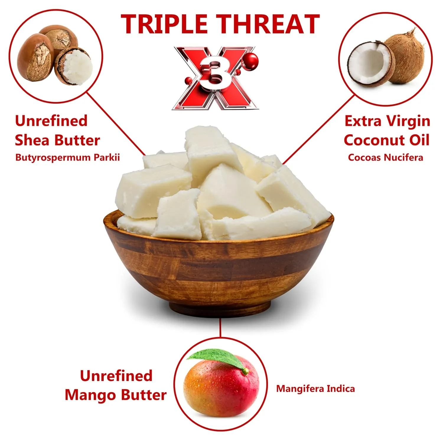 Triple Threat Body Butter 14 oz. - Blend of Shea, Mango & Coconut Oil - 100% Pure Natural Raw Unrefined Moisturizer For Dry Skin, Face And Hair. Great For Lip Balm and Soap Making