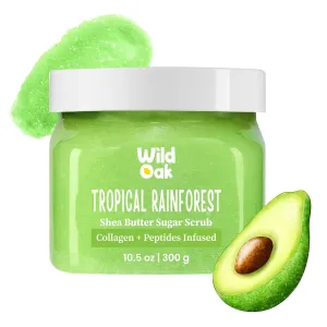 Tropical Rainforest Shea Sugar Body Scrub | 300gm | With Collagen & Peptides | Tan Removal | Lightens Dark Area Like Neck & Elbows | Smoothen Bumpy Legs & Hands | Hydrating & Exfoliating Scrub