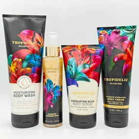 Tropidelic 4-Piece Bath Bundle | Moisturizing Body Wash, Diamond Shimmer Mist, Exfoliating Body Scrub and Ultimate Hydration Body Cream