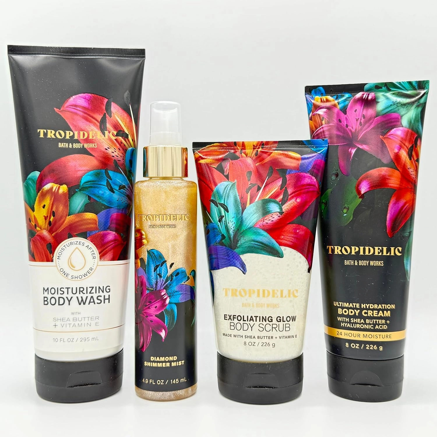 Tropidelic 4-Piece Bath Bundle | Moisturizing Body Wash, Diamond Shimmer Mist, Exfoliating Body Scrub and Ultimate Hydration Body Cream