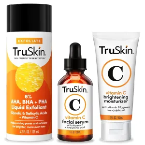 TruSkin Brighten & Refresh Trio - Skin Brightening Vitamin C Serum 1 fl oz, Vitamin C Moisturizer 2 fl oz, PHA AHA BHA Liquid Exfoliant 4.2 fl oz