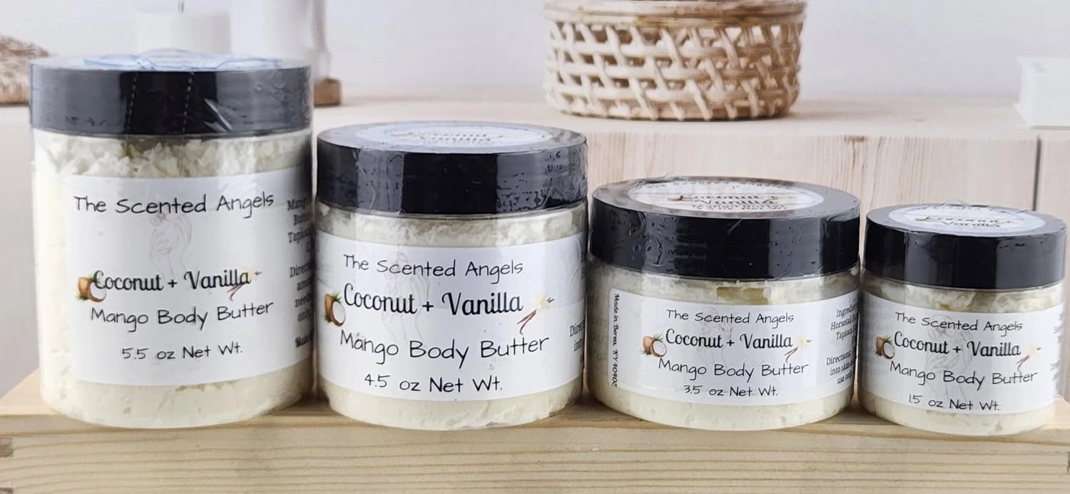 TSA Handmade Whipped Mango Coconut Vanilla Body Butter Cream, Luxury Body Lotion for Dry Skin, Daily Moisturizing Shea Butter, Sunflower Oil, Mothers, Fathers, Women, Men, Teens, 4.5 oz Jar (Coconut Vanilla, 4.5 ounces)