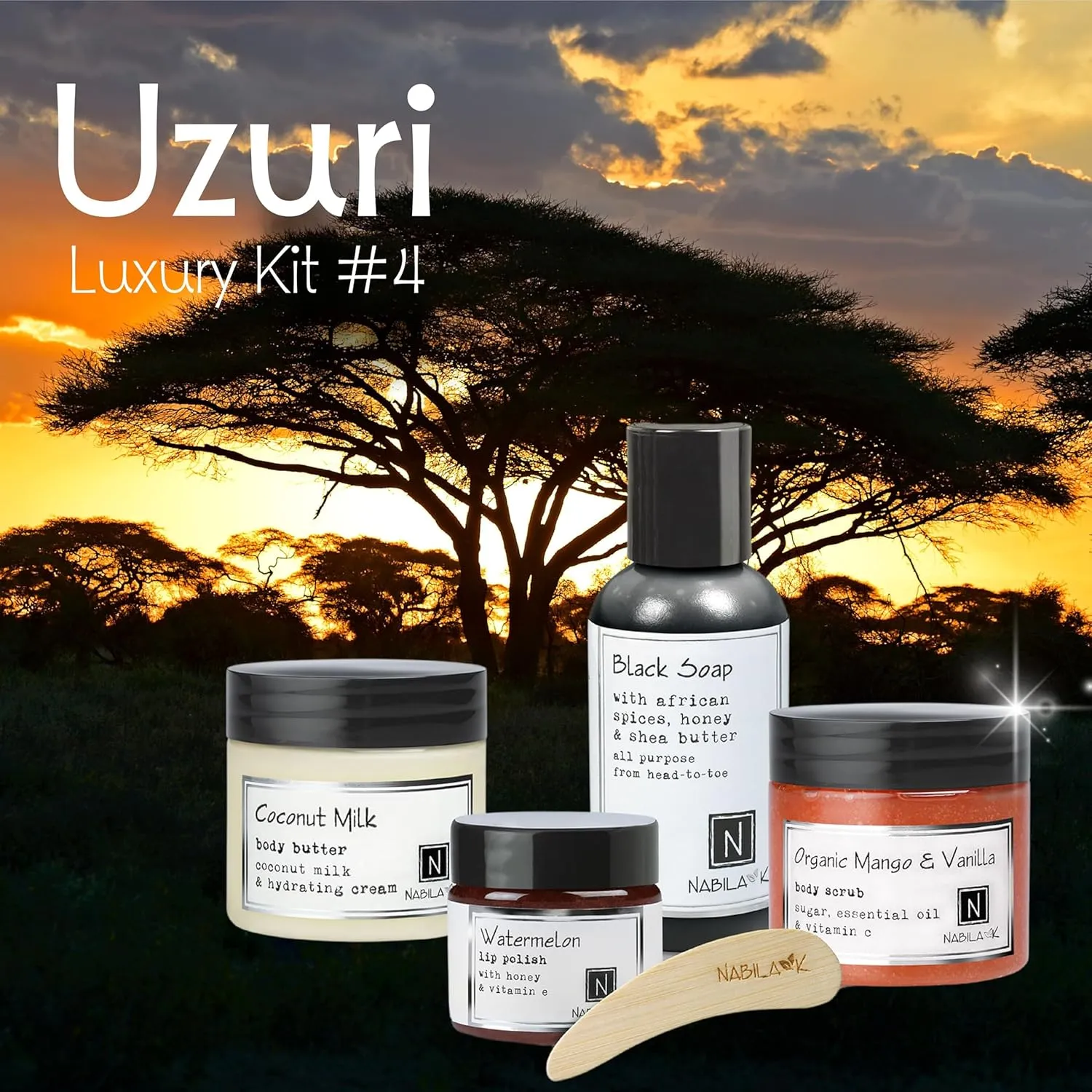 Uzuri Hydration Gift Set – Includes Organic Mango Vanilla Body Scrub, Black Soap, Coconut Milk Body Butter & Watermelon Lip Polish – Luxury Bath Kit for Women & Men – Ready-to-Gift Spa Box