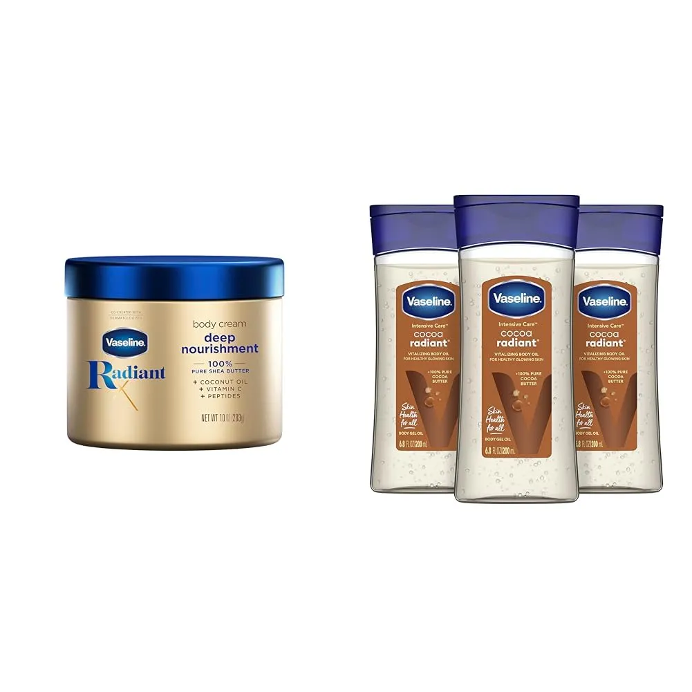Vaseline Radiant X Deep Nourishment Body Cream 100% Pure Shea Butter & Intensive Care Cocoa Radiant For Glowing Skin 3 Count Body Gel Oil Body Oil Made with 100% Pure